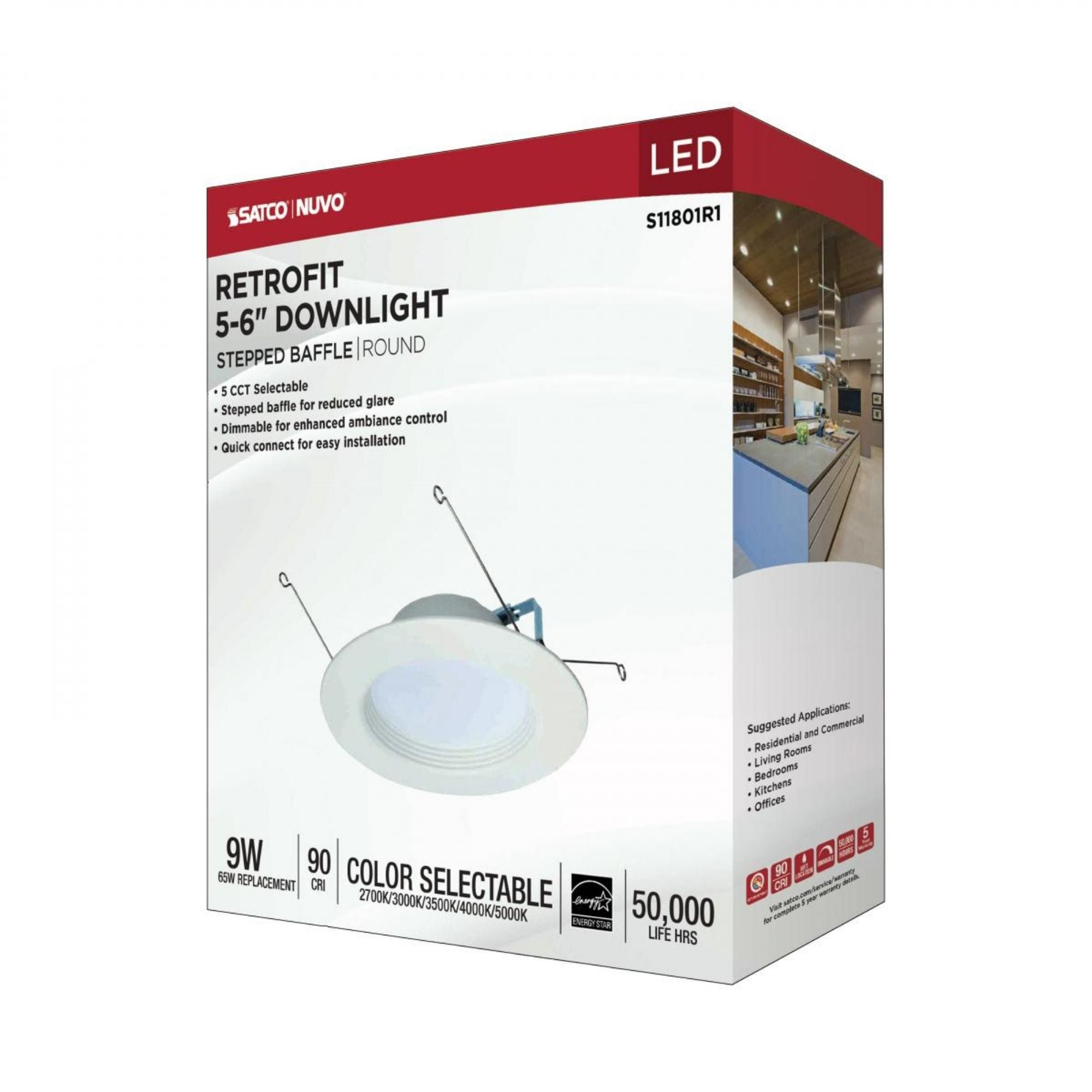 5/6" Retrofit LED Can Light, 9W, 800 Lm, 5-CCT, White Baffle Trim