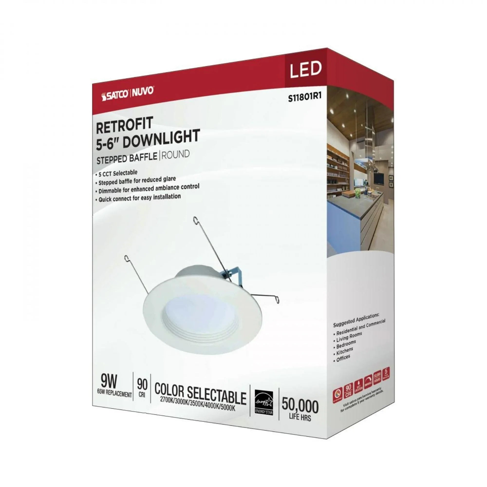 5/6" Retrofit LED Can Light, 9W, 800 Lm, 5-CCT, White Baffle Trim