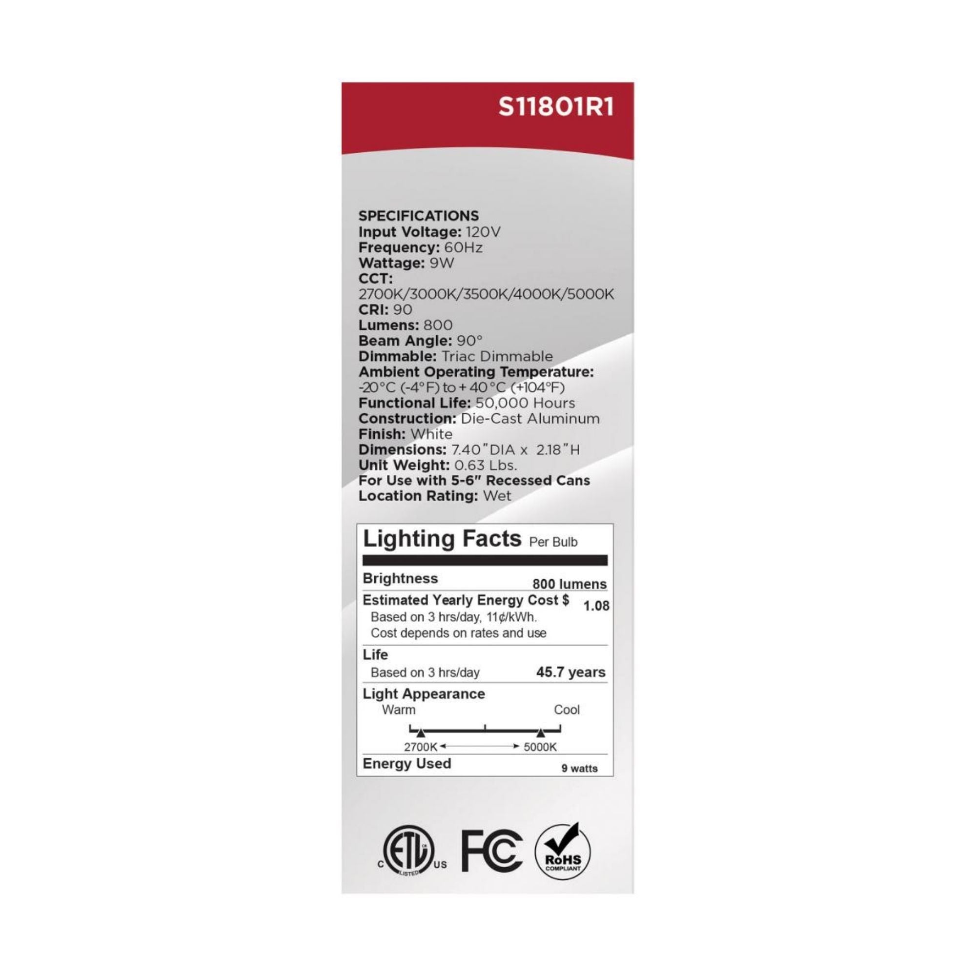 5/6" Retrofit LED Can Light, 9W, 800 Lm, 5-CCT, White Baffle Trim