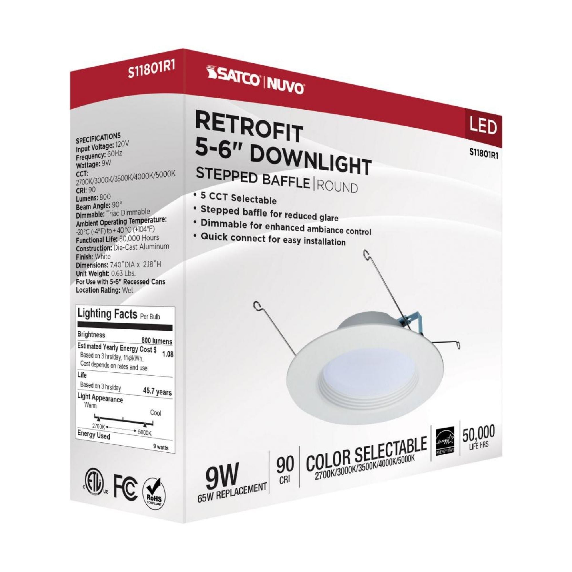 5/6" Retrofit LED Can Light, 9W, 800 Lm, 5-CCT, White Baffle Trim