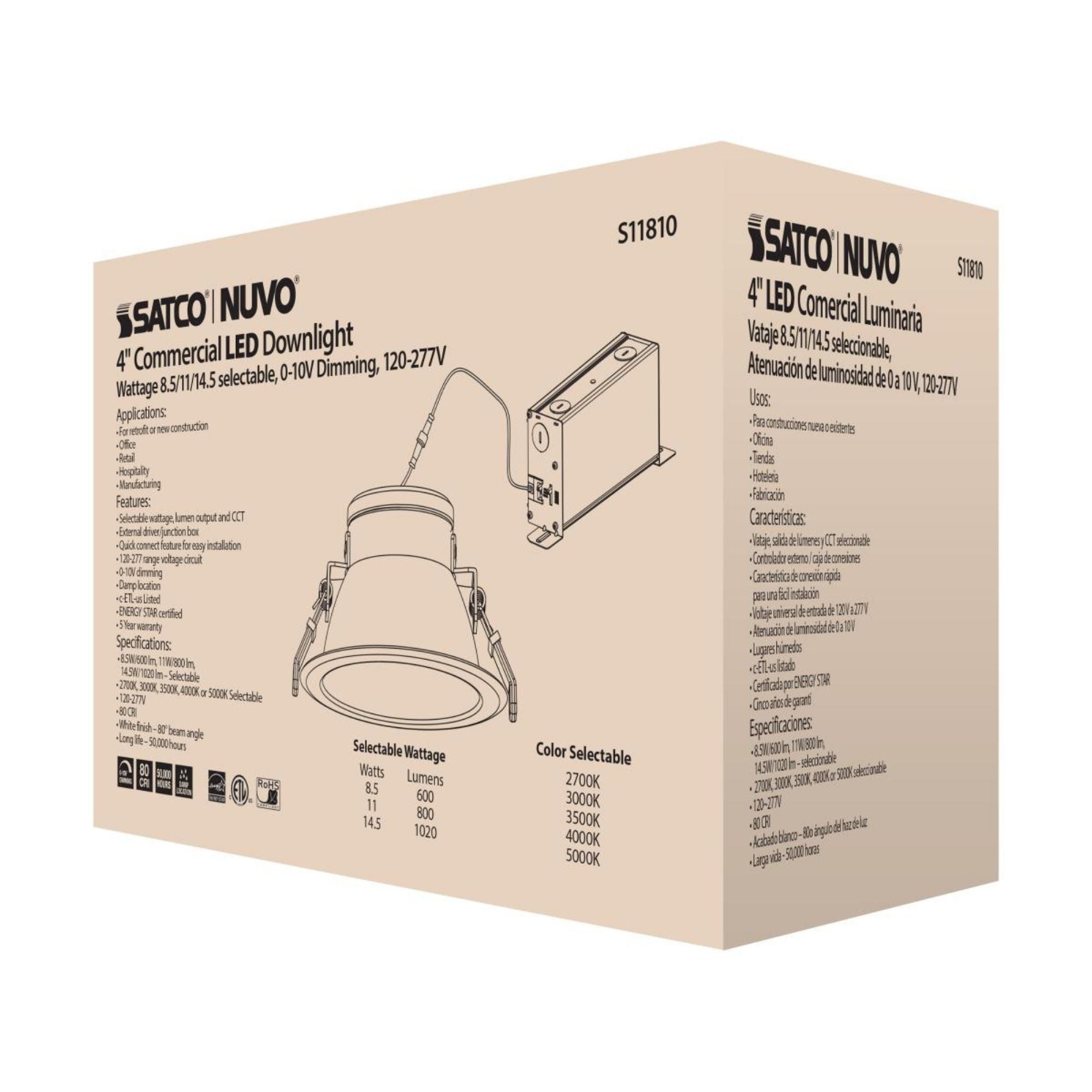 4" Commercial LED Downlight, 1020 Lm Adjustable, 5-CCT, White, 120-277V