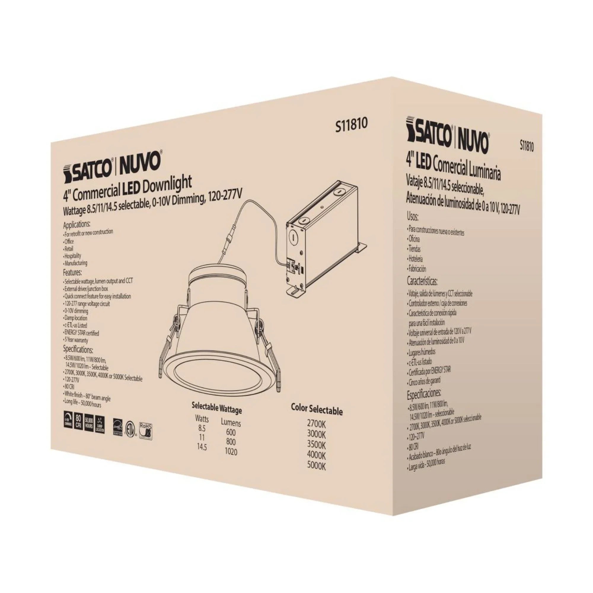 4" Commercial LED Downlight, 1020 Lm Adjustable, 5-CCT, White, 120-277V - Bees Lighting