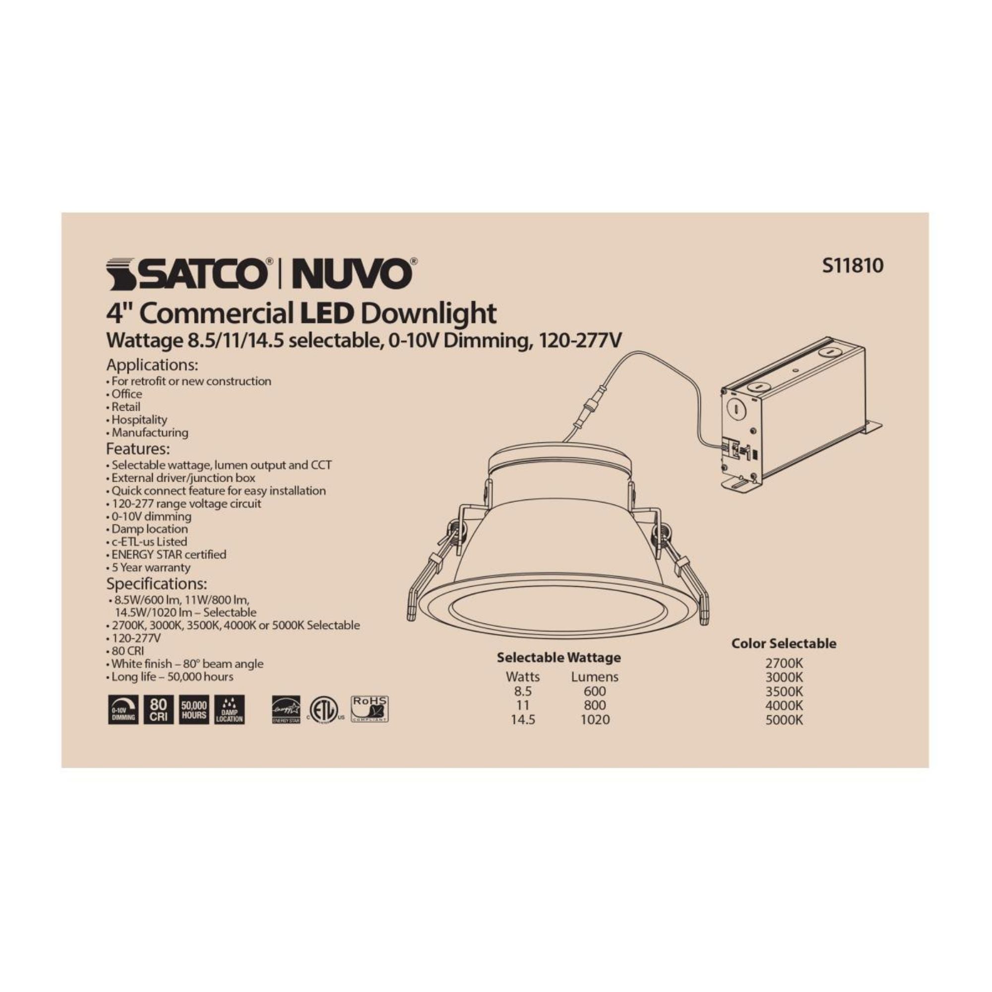 4" Commercial LED Downlight, 1020 Lm Adjustable, 5-CCT, White, 120-277V