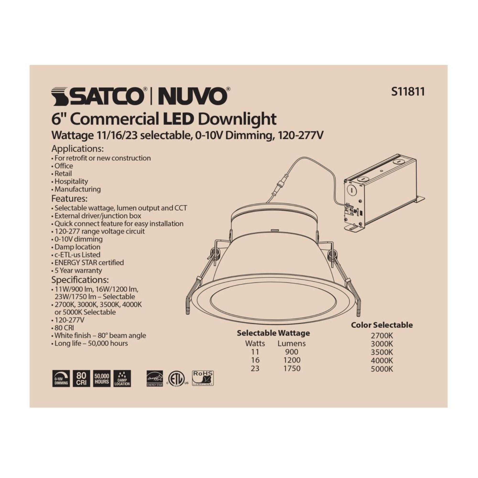 6" Commercial LED Downlight, 1750 Lm Adjustable, 5-CCT, White, 120-277V