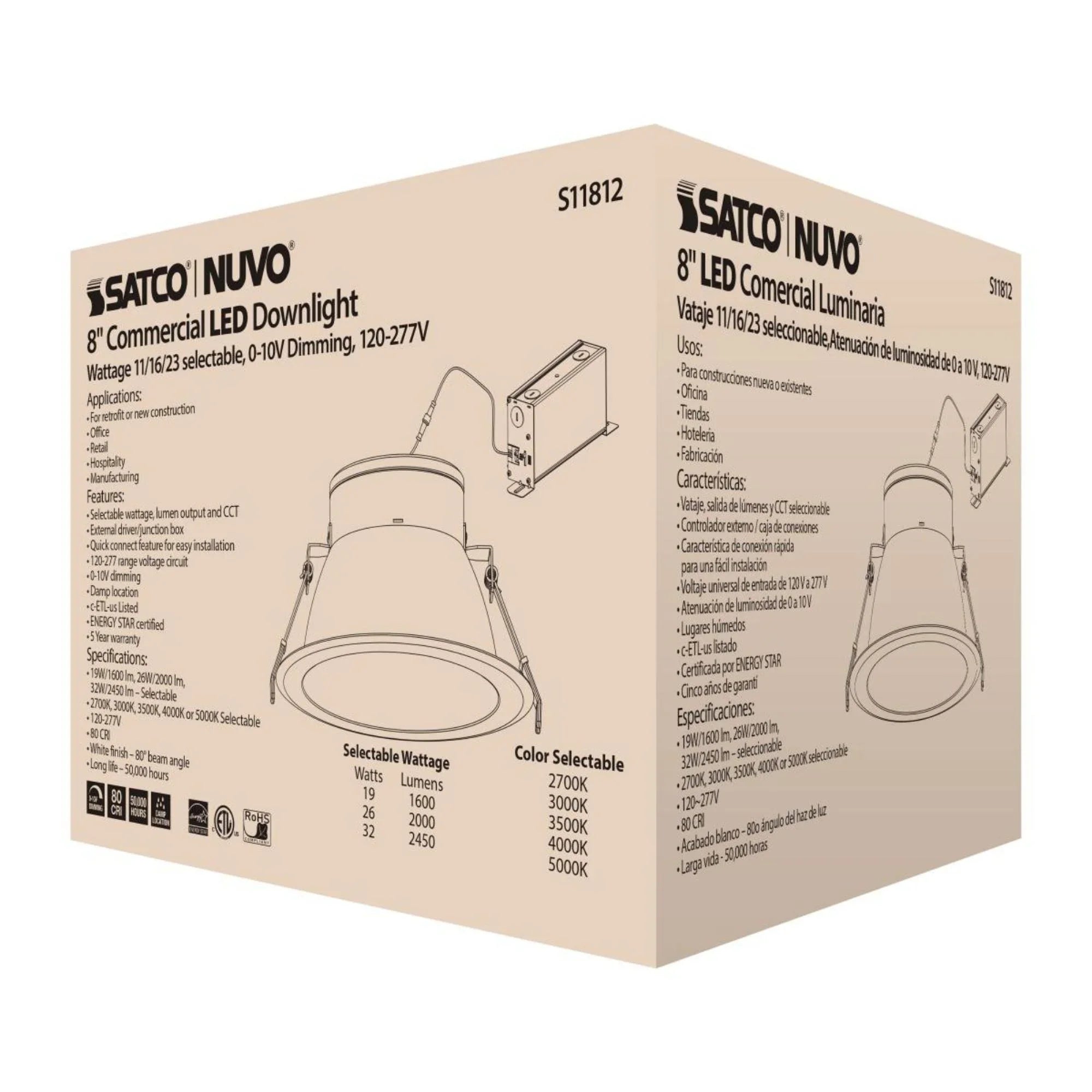 8" Commercial LED Downlight, 2450 Lm Adjustable, 5-CCT, White, 120-277V