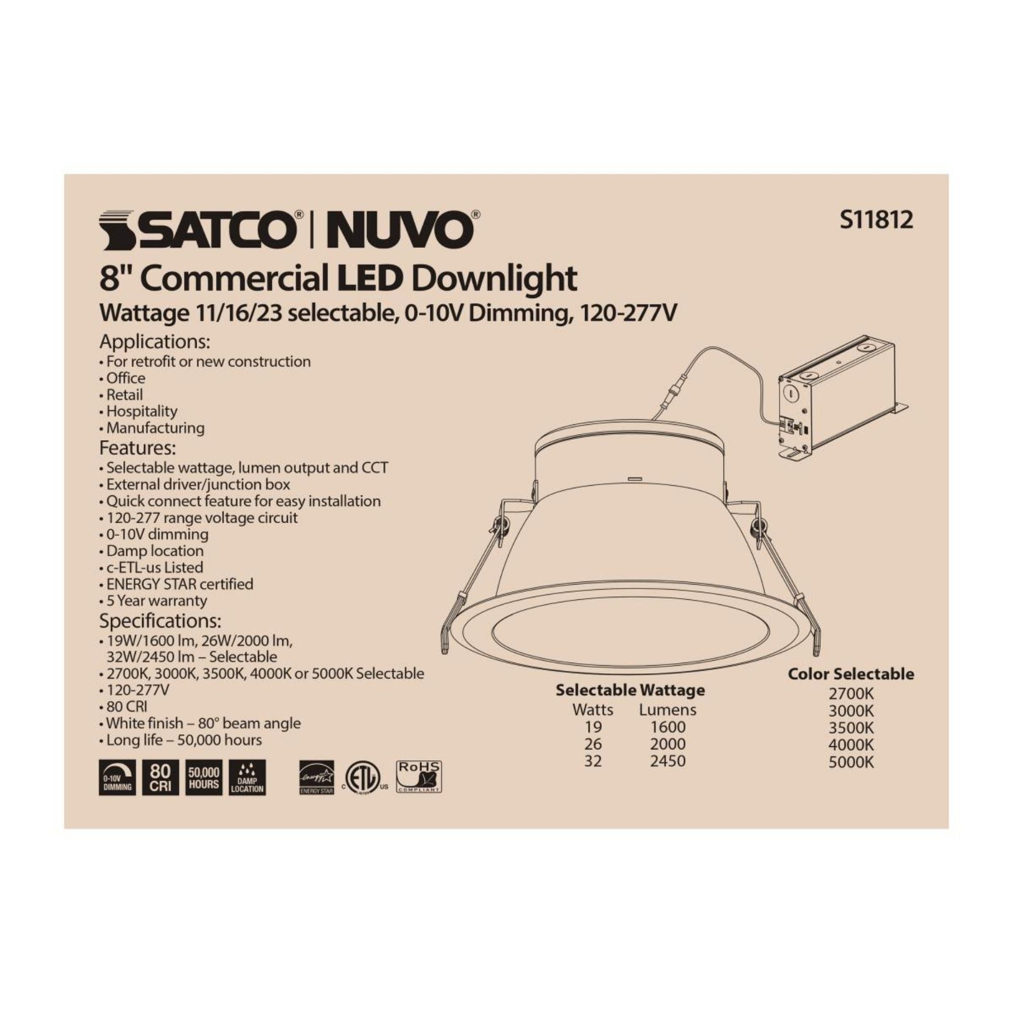 8" Commercial LED Downlight, 2450 Lm Adjustable, 5-CCT, White, 120-277V