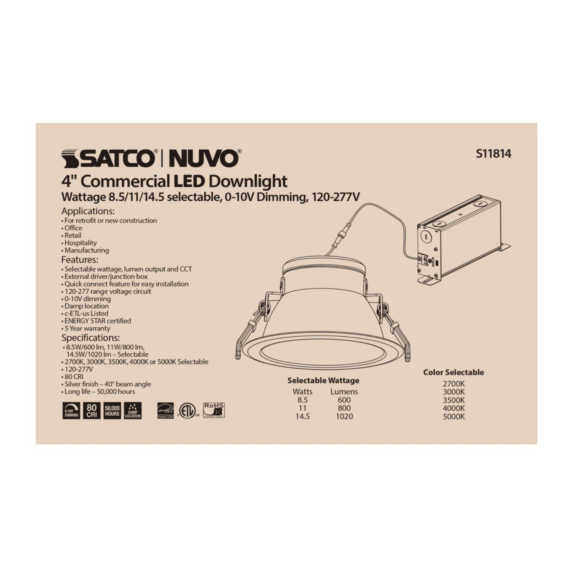 4" Commercial LED Downlight, 1020 Lm Adjustable, 5-CCT, Silver, 120-277V