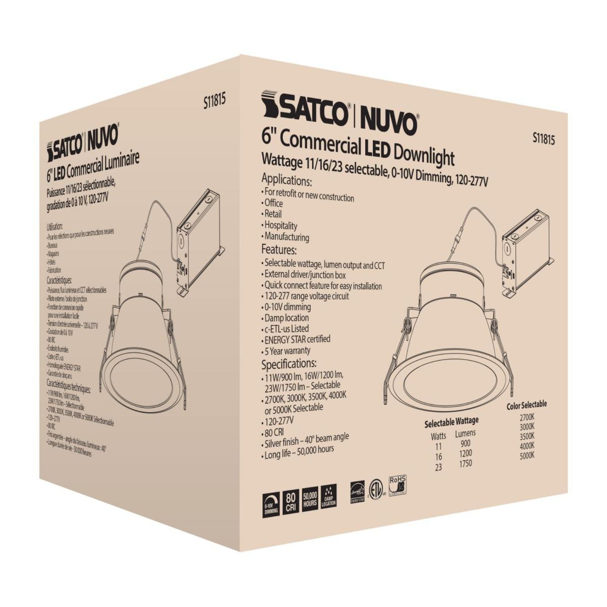6" Commercial LED Downlight, 1750 Lm Adjustable, 5-CCT, Silver, 120-277V