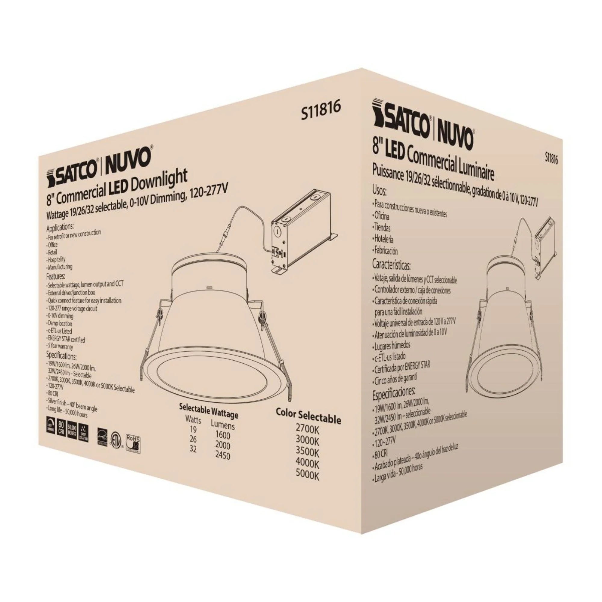 8" Commercial LED Downlight, 2450 Lm Adjustable, 5-CCT, Silver, 120-277V