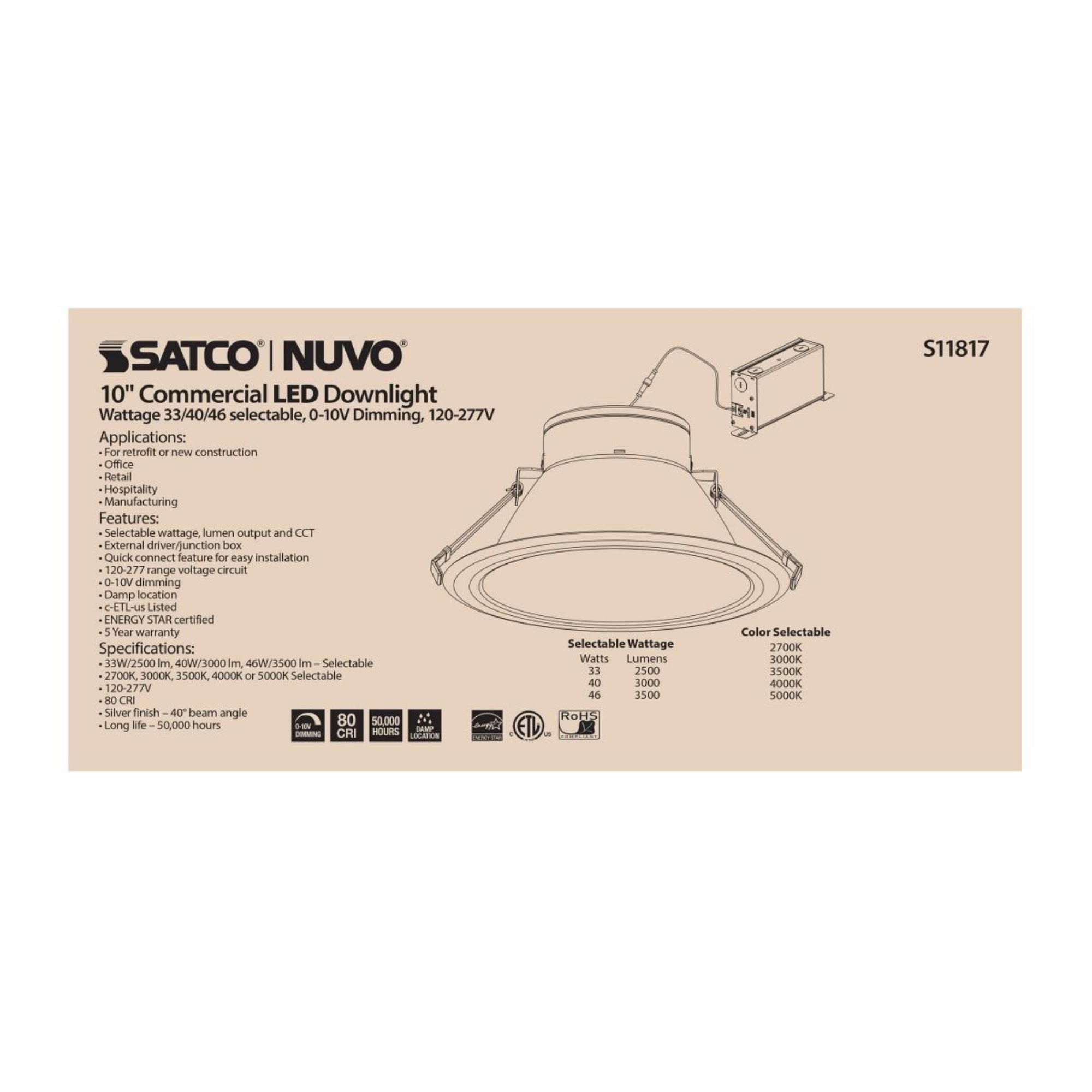 10" Commercial LED Downlight, 3500 Lm Adjustable, 5-CCT, Silver, 120-277V