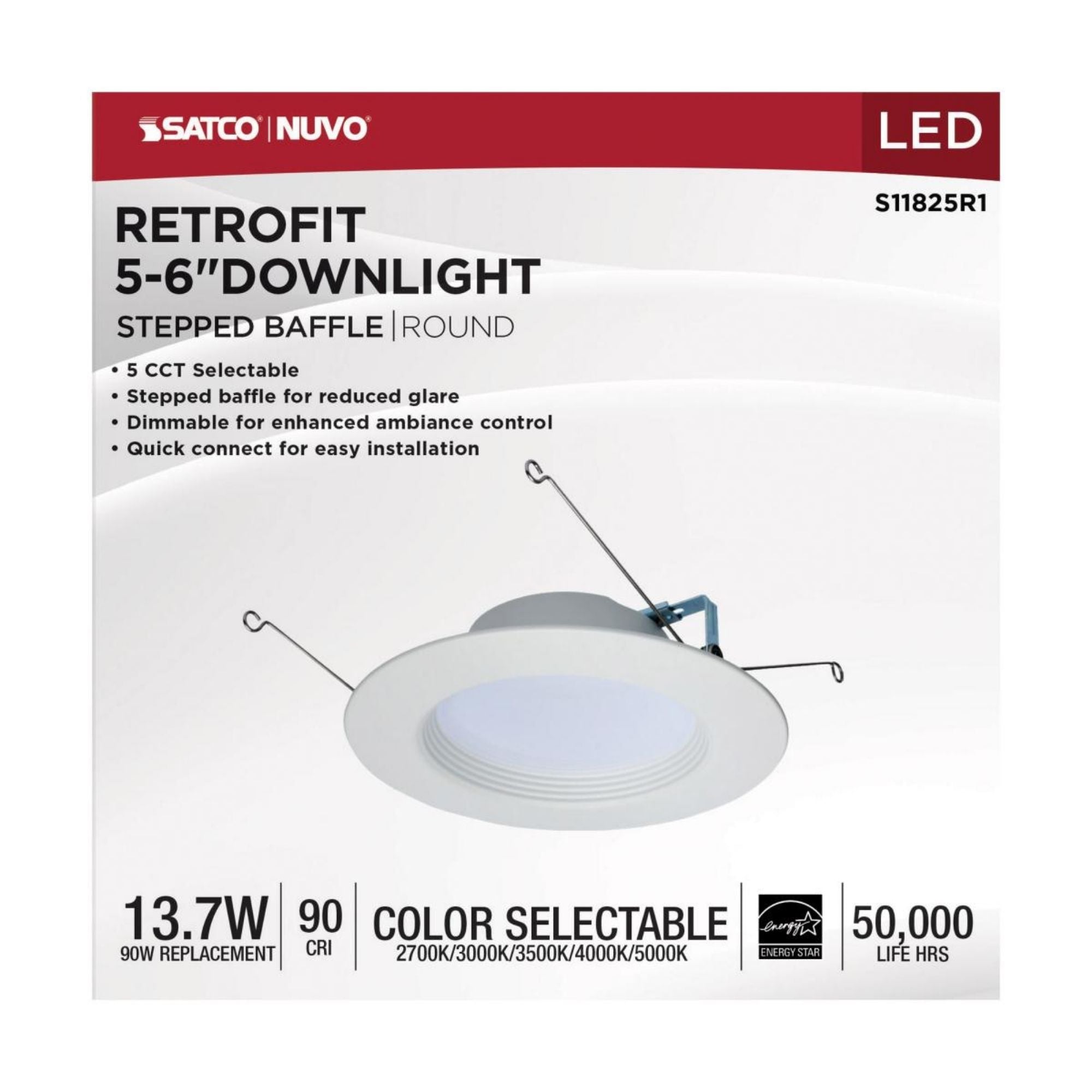 5/6" Retrofit LED Can Light, 14W, 1200 Lm, 5-CCT, White Baffle Trim