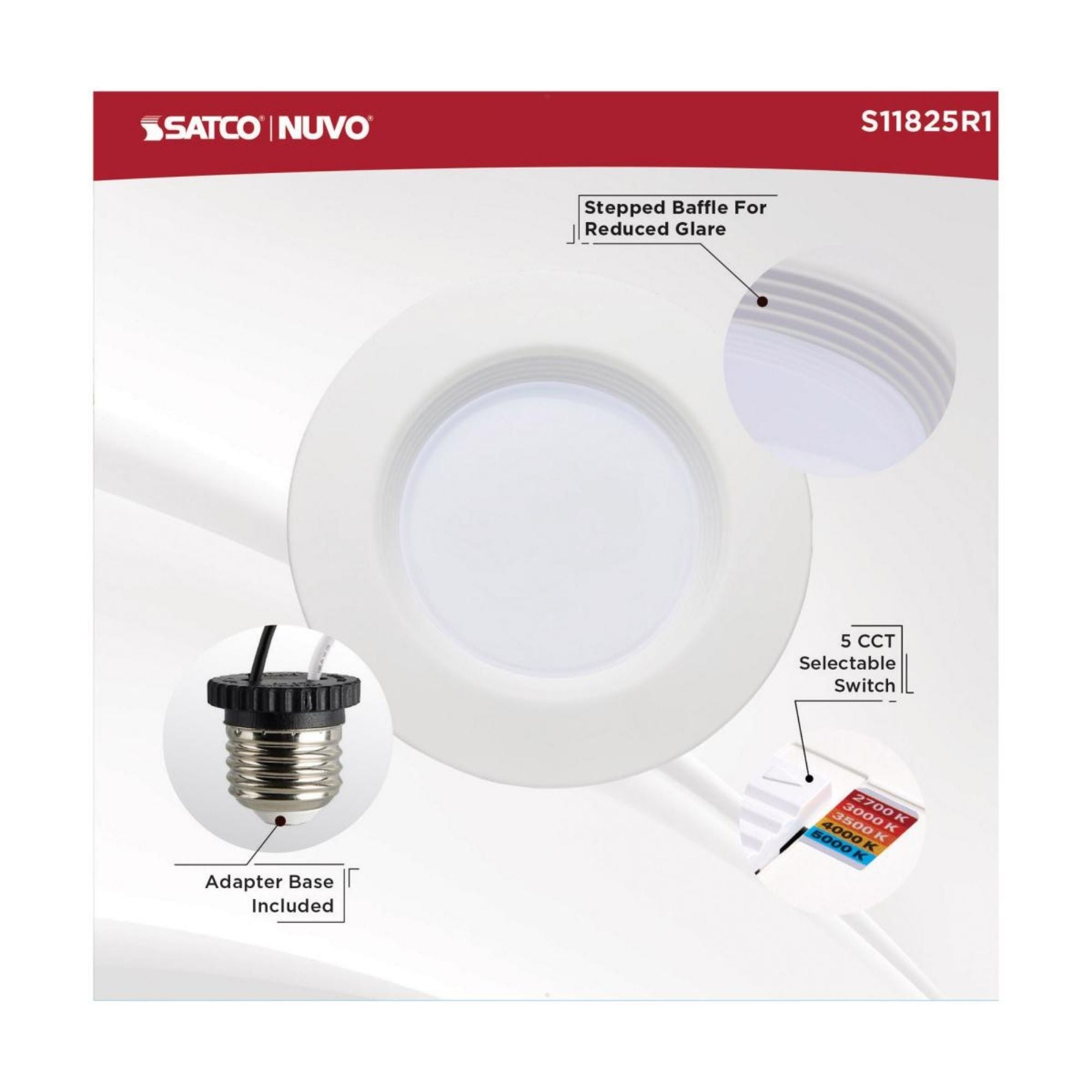 5/6" Retrofit LED Can Light, 14W, 1200 Lm, 5-CCT, White Baffle Trim