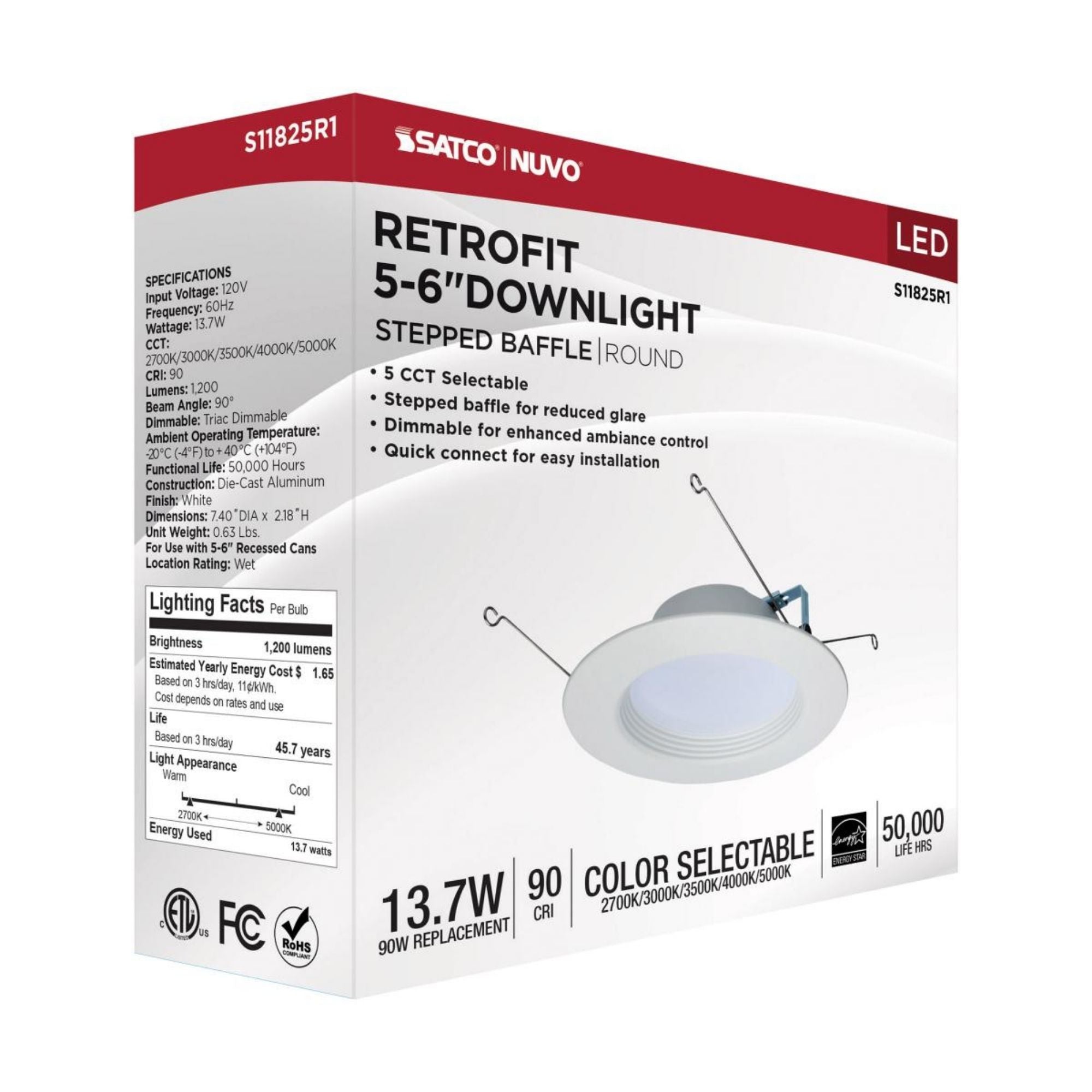 5/6" Retrofit LED Can Light, 14W, 1200 Lm, 5-CCT, White Baffle Trim