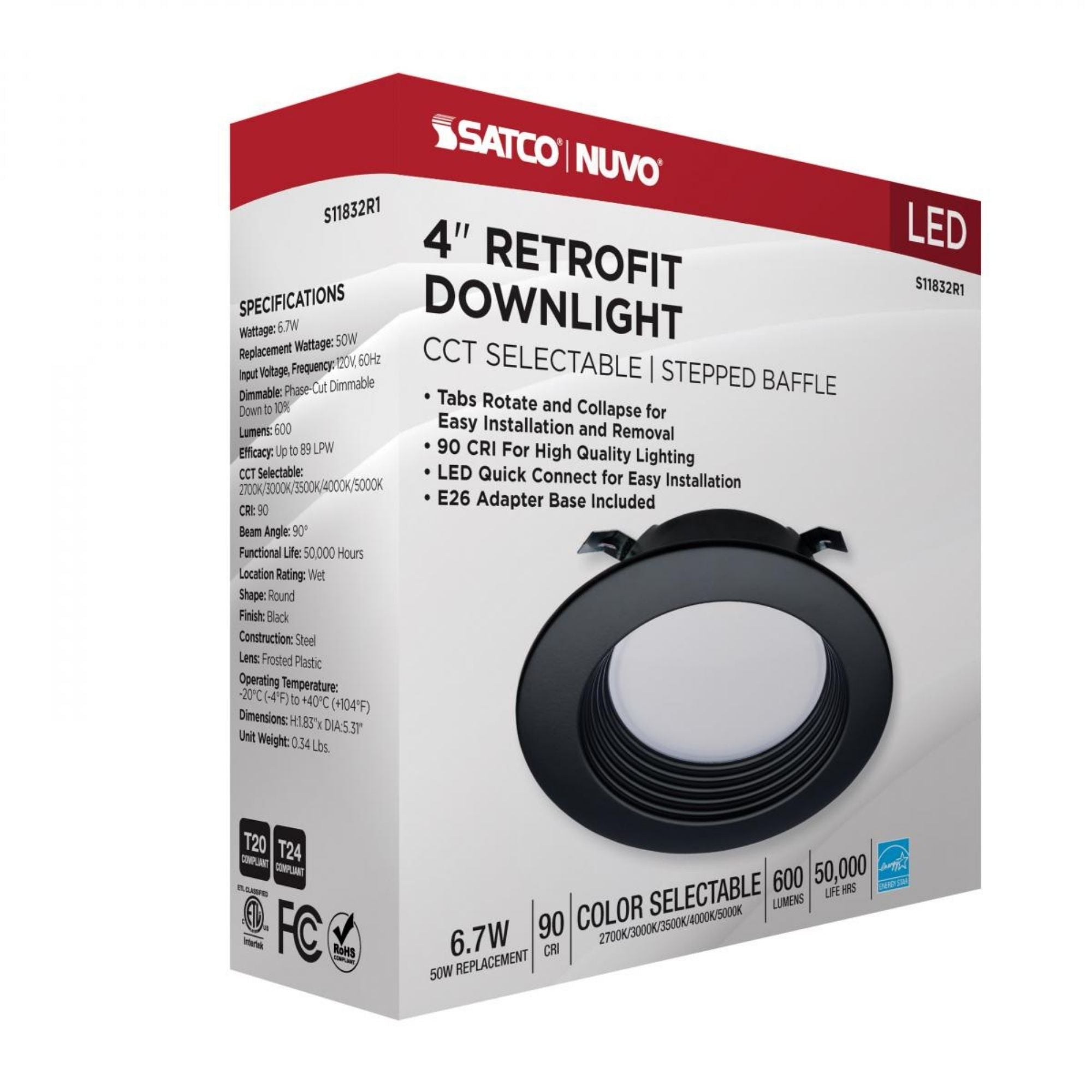 4" Retrofit LED Can Light, 7W, 600 Lm, 5-CCT, Black Baffle Trim