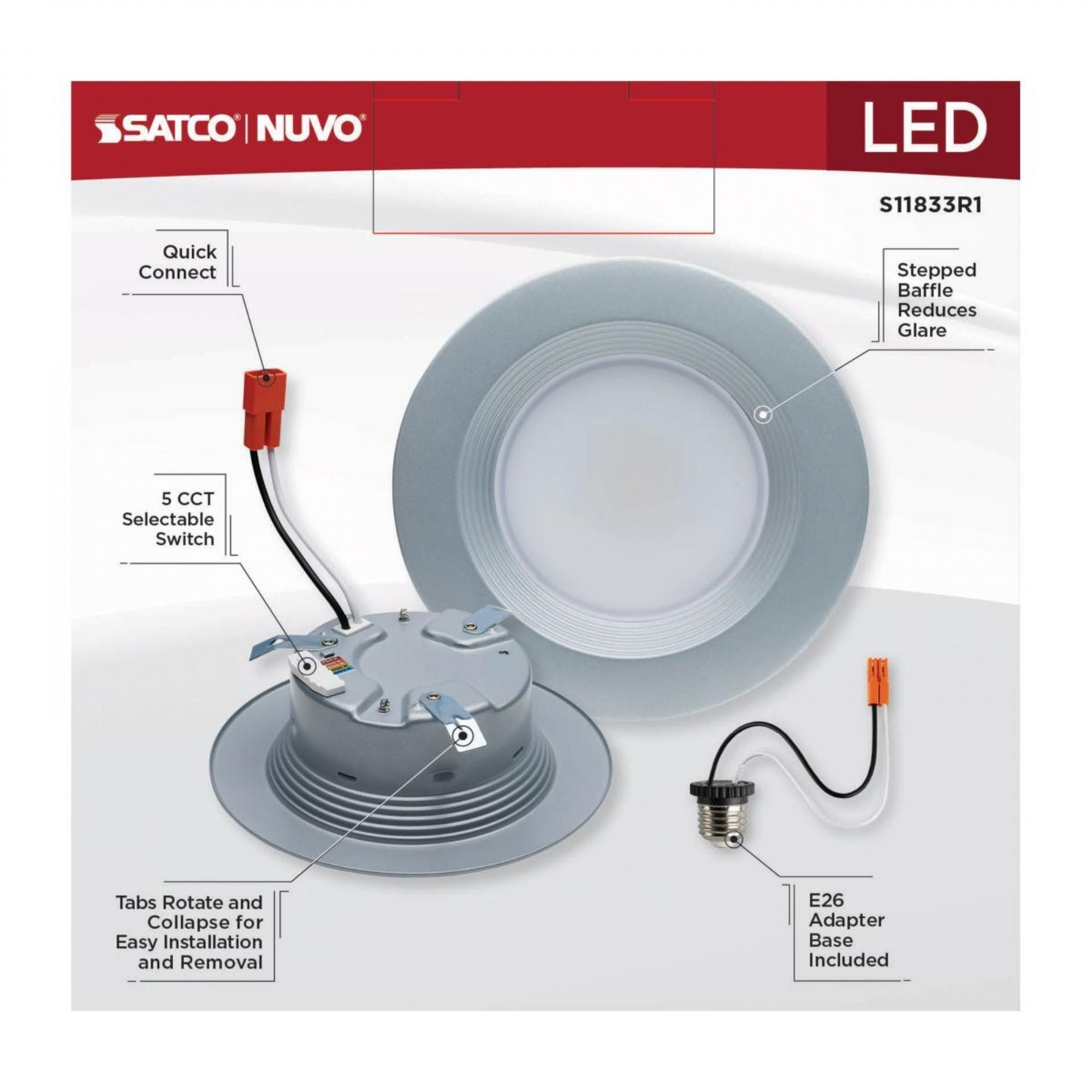 4" Retrofit LED Can Light, 7W, 600 Lm, 5-CCT, Nickel Baffle Trim