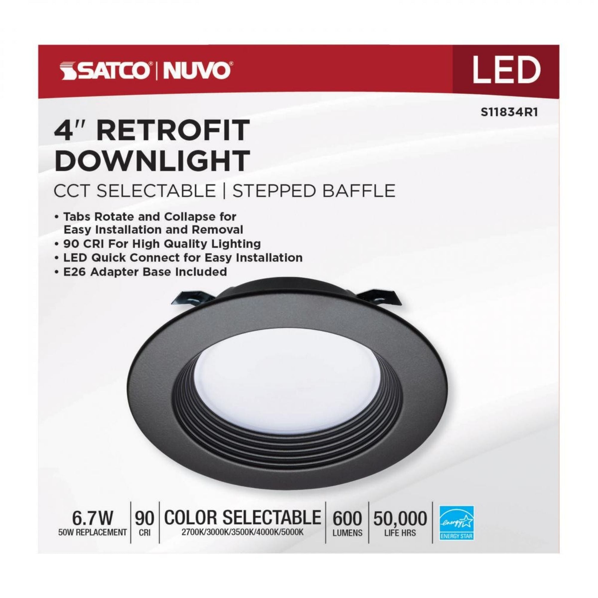 4" Retrofit LED Can Light, 7W, 600 Lm, 5-CCT, Bronze Baffle Trim