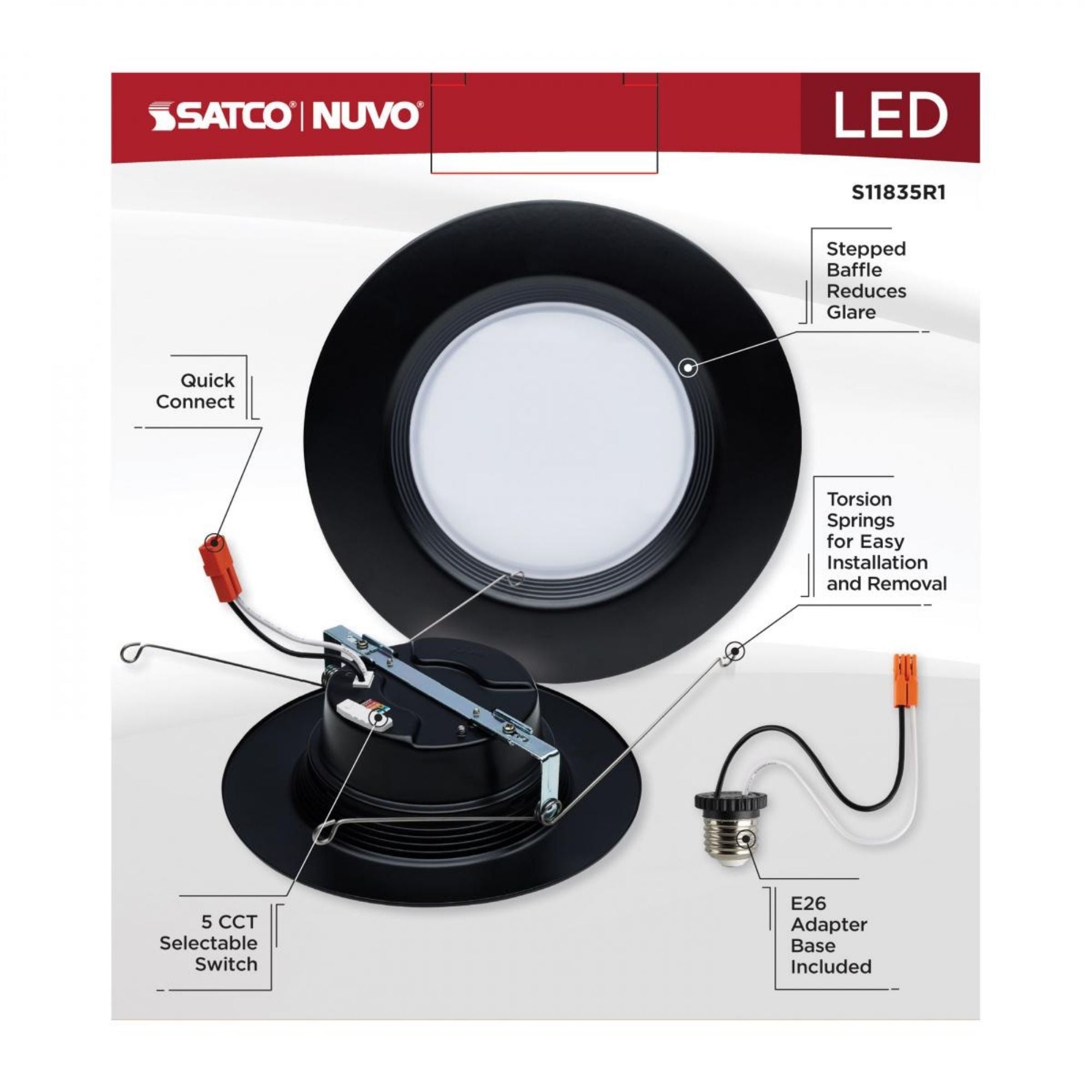 5/6" Retrofit LED Can Light, 9W, 800 Lm, 5-CCT, Black Baffle Trim