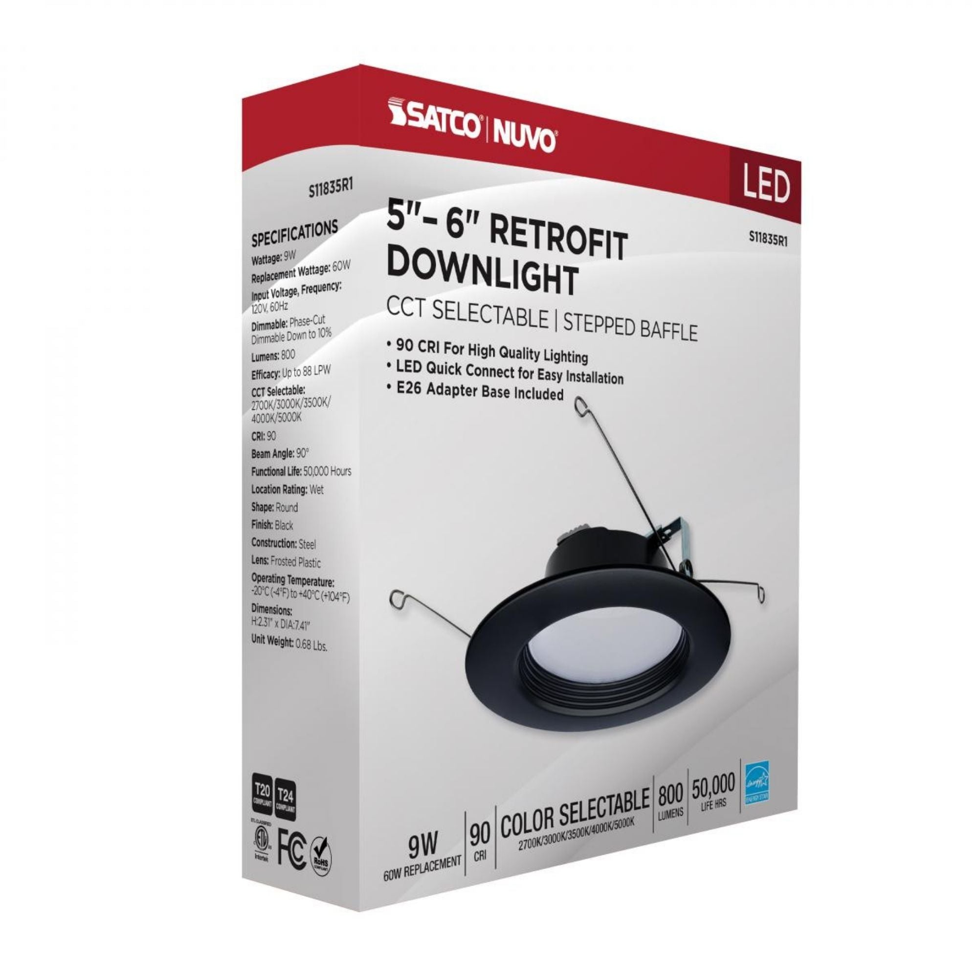 5/6" Retrofit LED Can Light, 9W, 800 Lm, 5-CCT, Black Baffle Trim