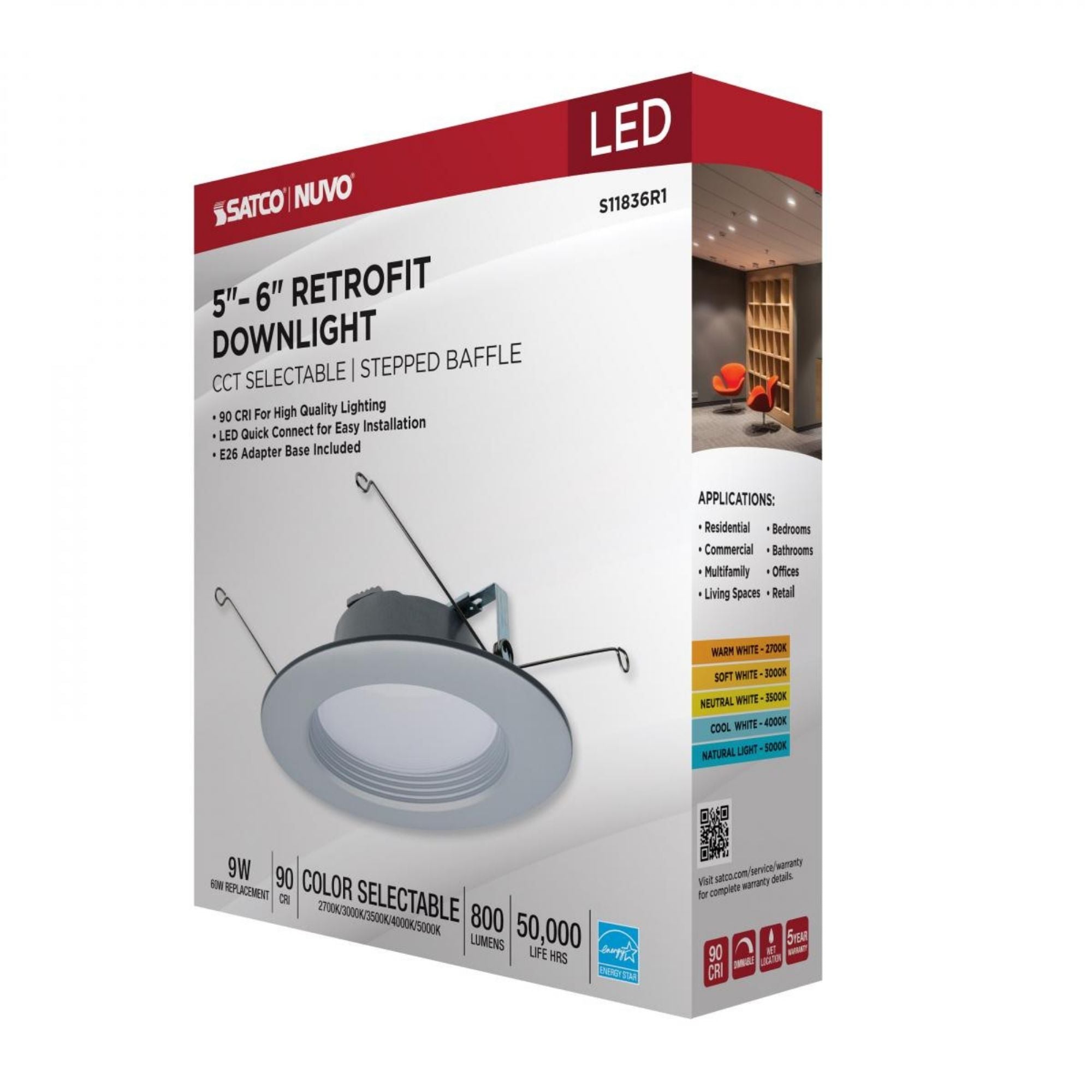 5/6" Retrofit LED Can Light, 9W, 800 Lm, 5-CCT, Nickel Baffle Trim