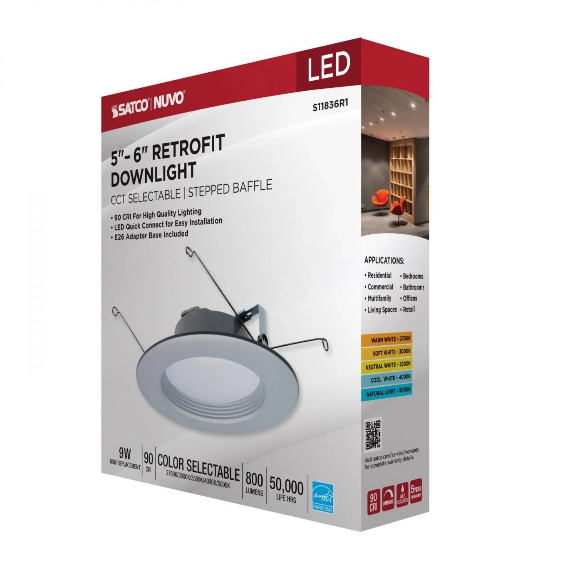 5/6" Retrofit LED Can Light, 9W, 800 Lm, 5-CCT, Nickel Baffle Trim