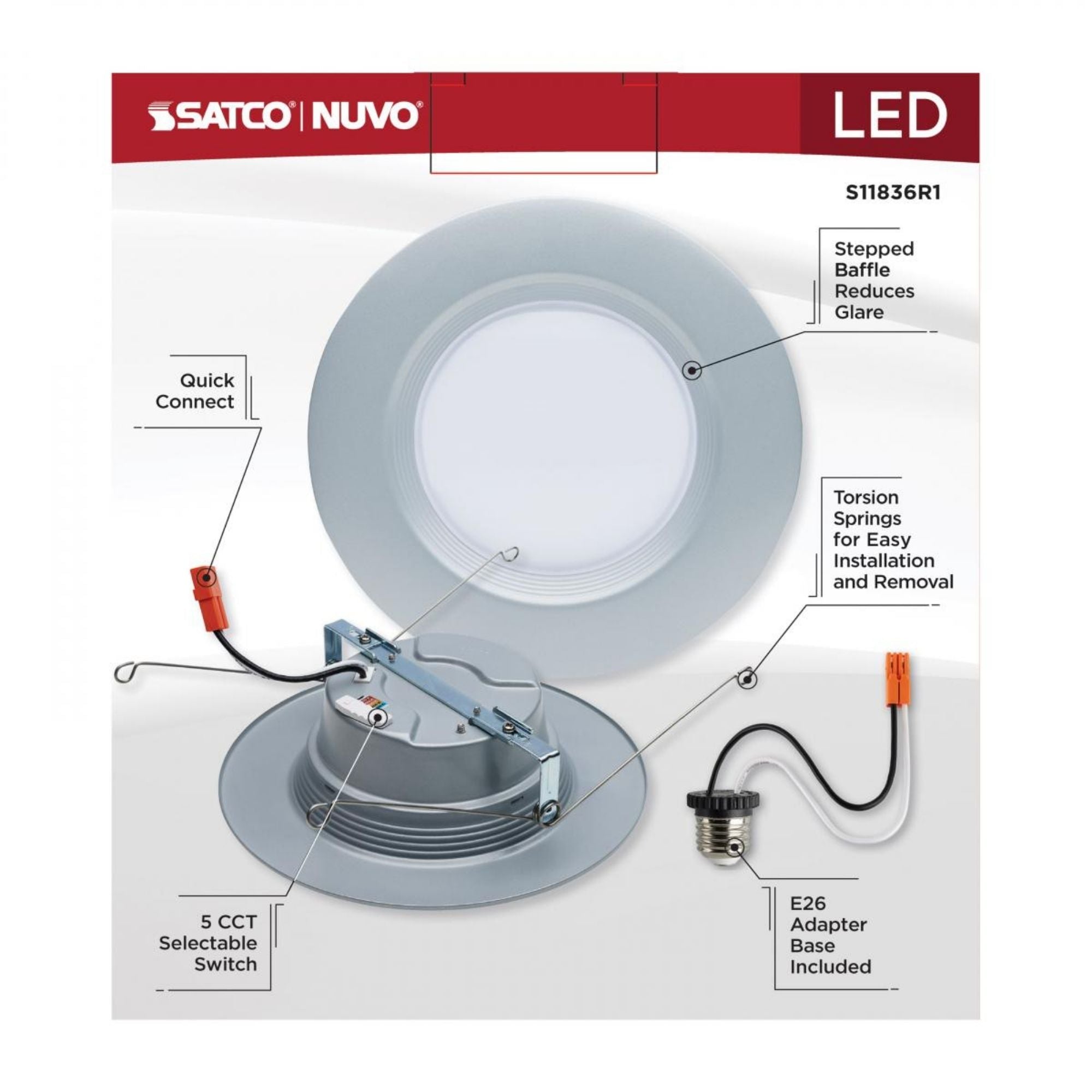 5/6" Retrofit LED Can Light, 9W, 800 Lm, 5-CCT, Nickel Baffle Trim
