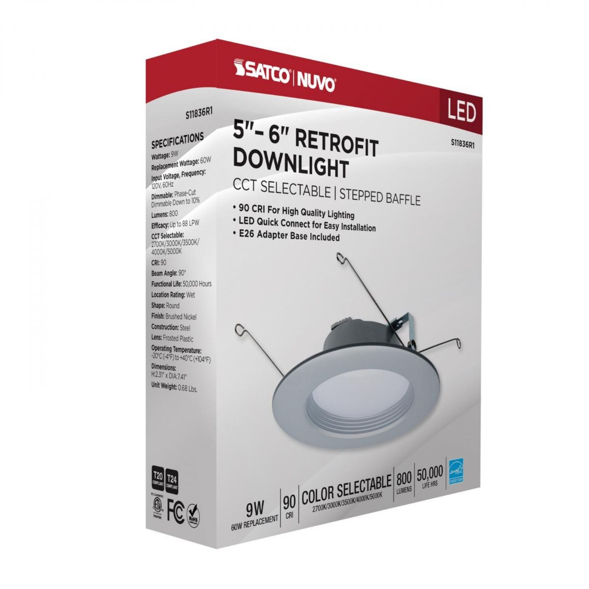 5/6" Retrofit LED Can Light, 9W, 800 Lm, 5-CCT, Nickel Baffle Trim