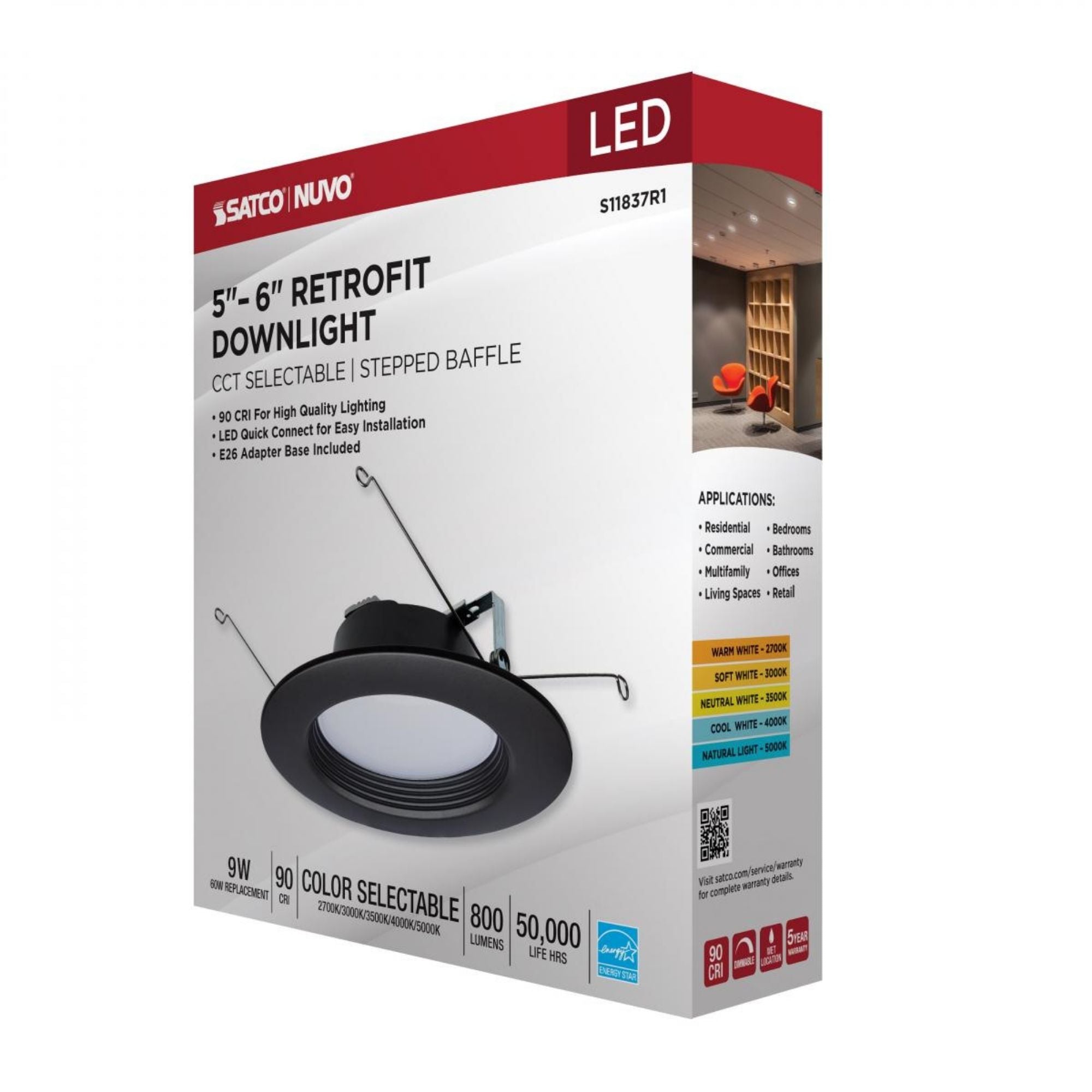 5/6" Retrofit LED Can Light, 9W, 800 Lm, 5-CCT, Bronze Baffle Trim