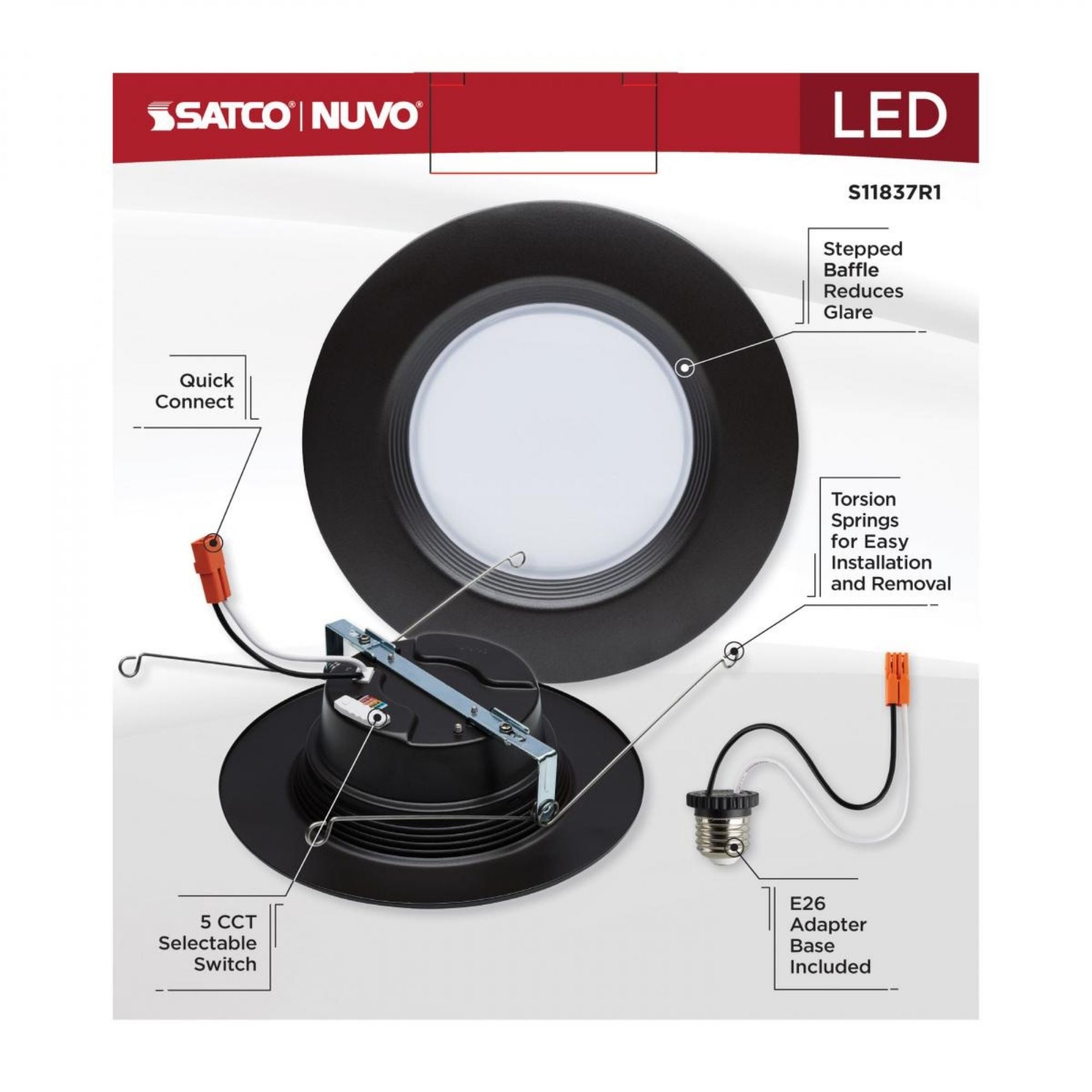 5/6" Retrofit LED Can Light, 9W, 800 Lm, 5-CCT, Bronze Baffle Trim