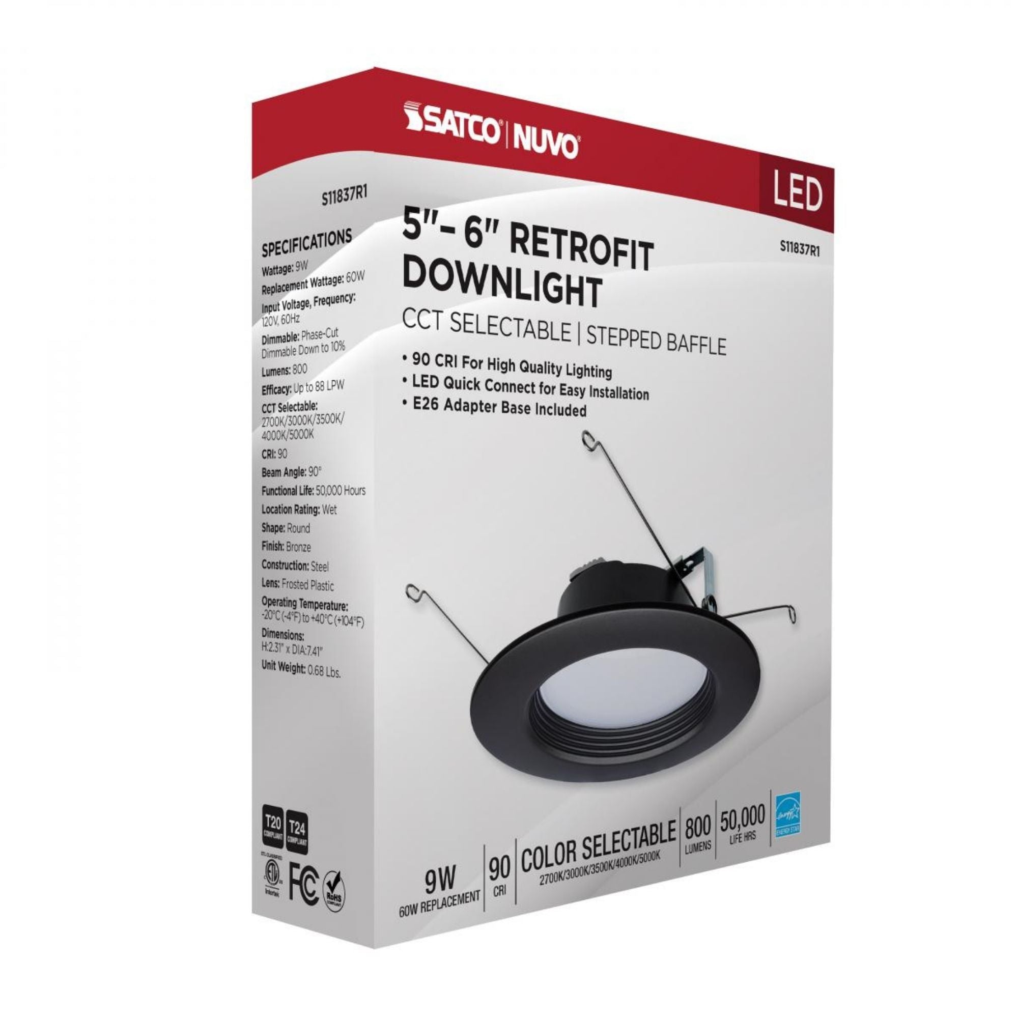 5/6" Retrofit LED Can Light, 9W, 800 Lm, 5-CCT, Bronze Baffle Trim