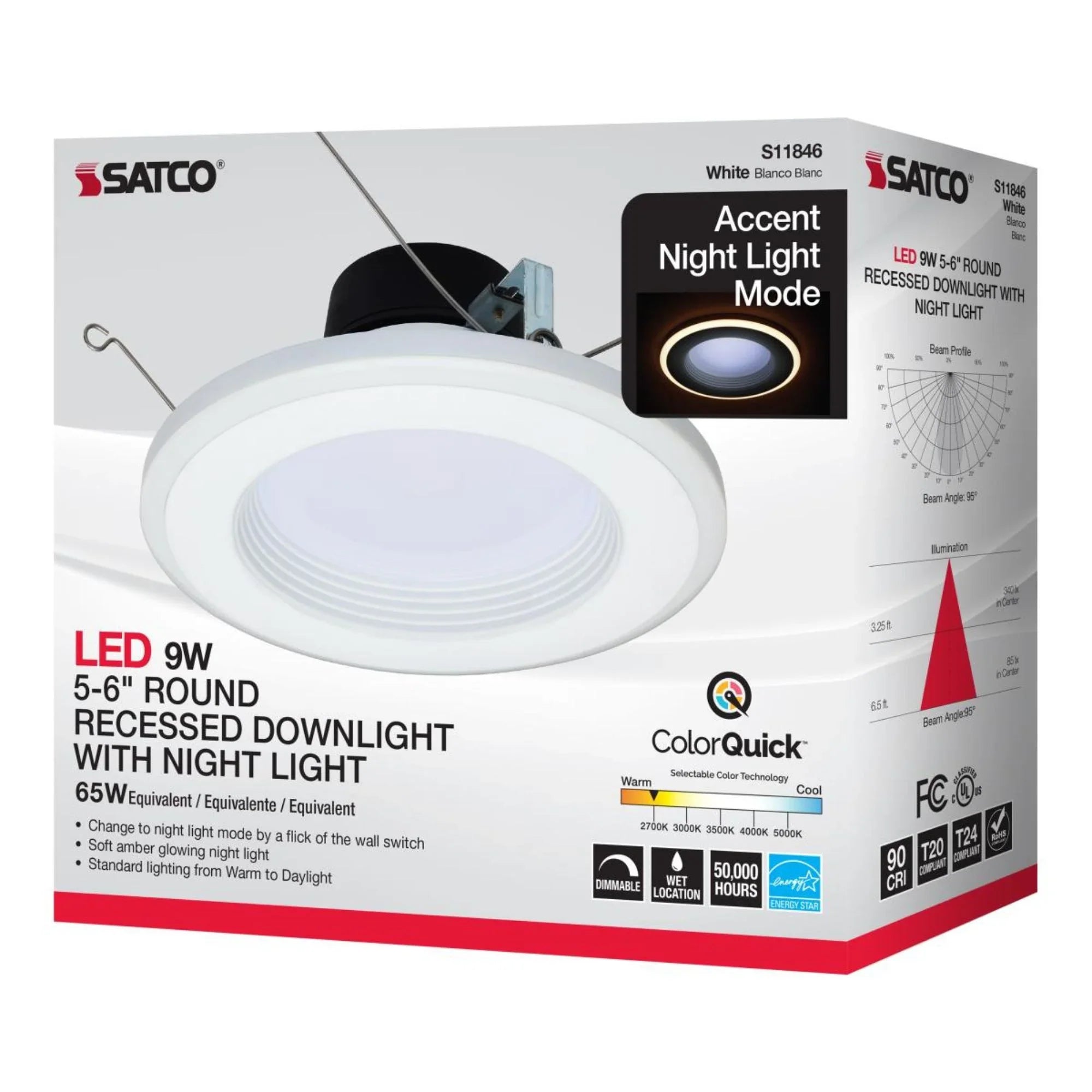 5/6" LED Recessed Can Light with Night Light, 800 Lm, 5-CCT, Deep Baffle Trim