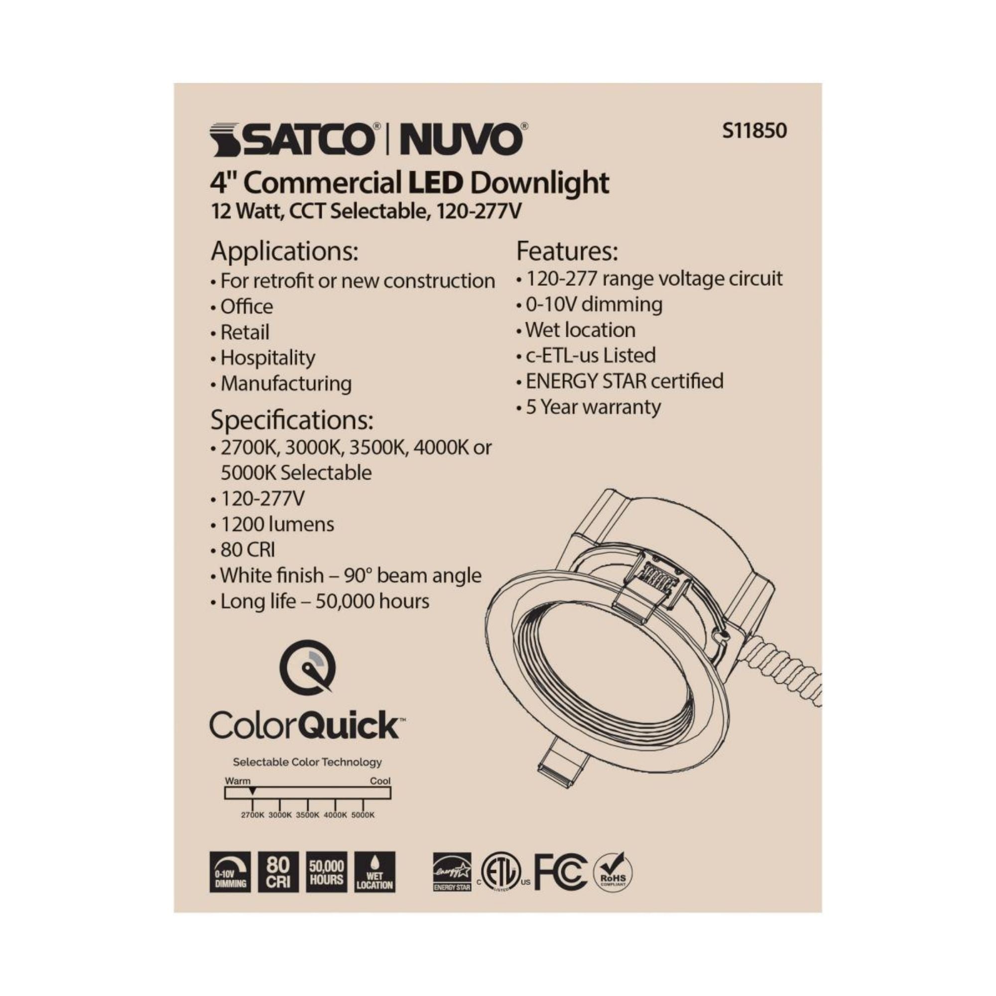 4" Commercial LED Downlight, 12W, 1200 Lm, 5-CCT, Baffle Trim, 120-277V