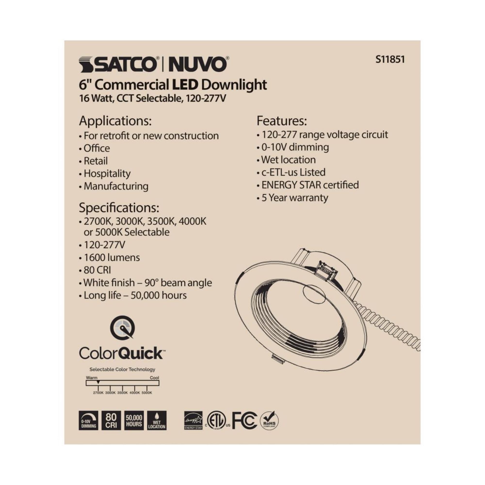 6" Commercial LED Downlight, 15W, 1600 Lm, 5-CCT, Baffle Trim, 120-277V