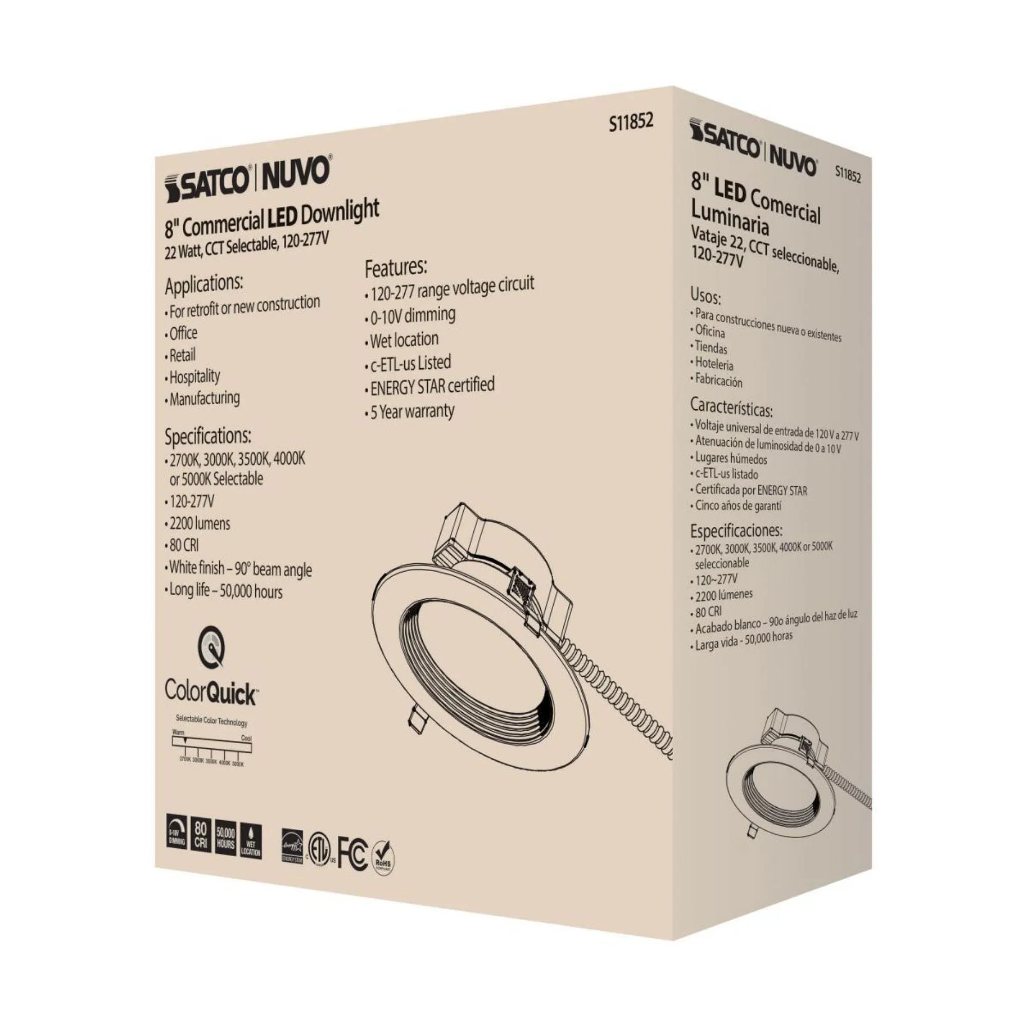 8" Commercial LED Downlight, 22W, 2200 Lm, 5-CCT, Baffle Trim, 120-277V