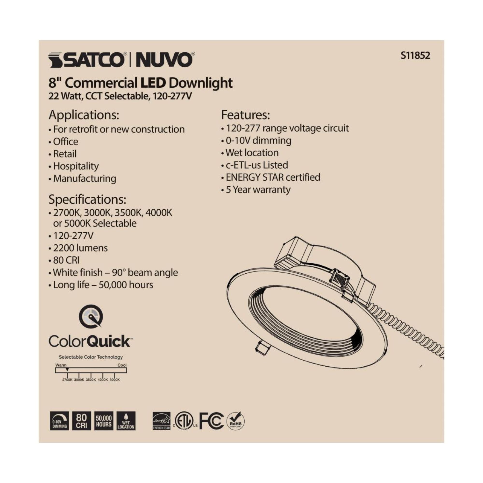 8" Commercial LED Downlight, 22W, 2200 Lm, 5-CCT, Baffle Trim, 120-277V