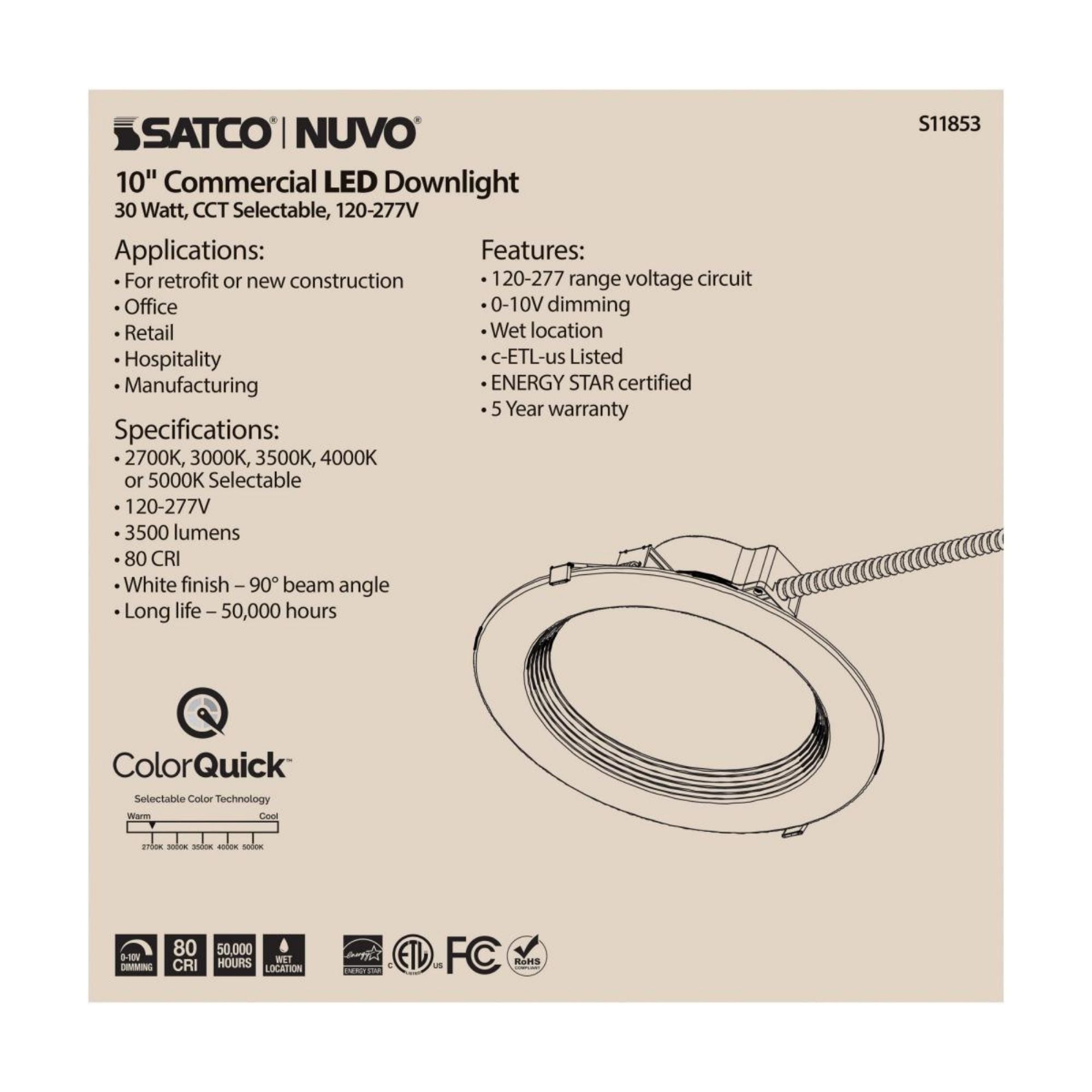 10" Commercial LED Downlight, 30W, 3500 Lm, 5-CCT, Baffle Trim, 120-277V