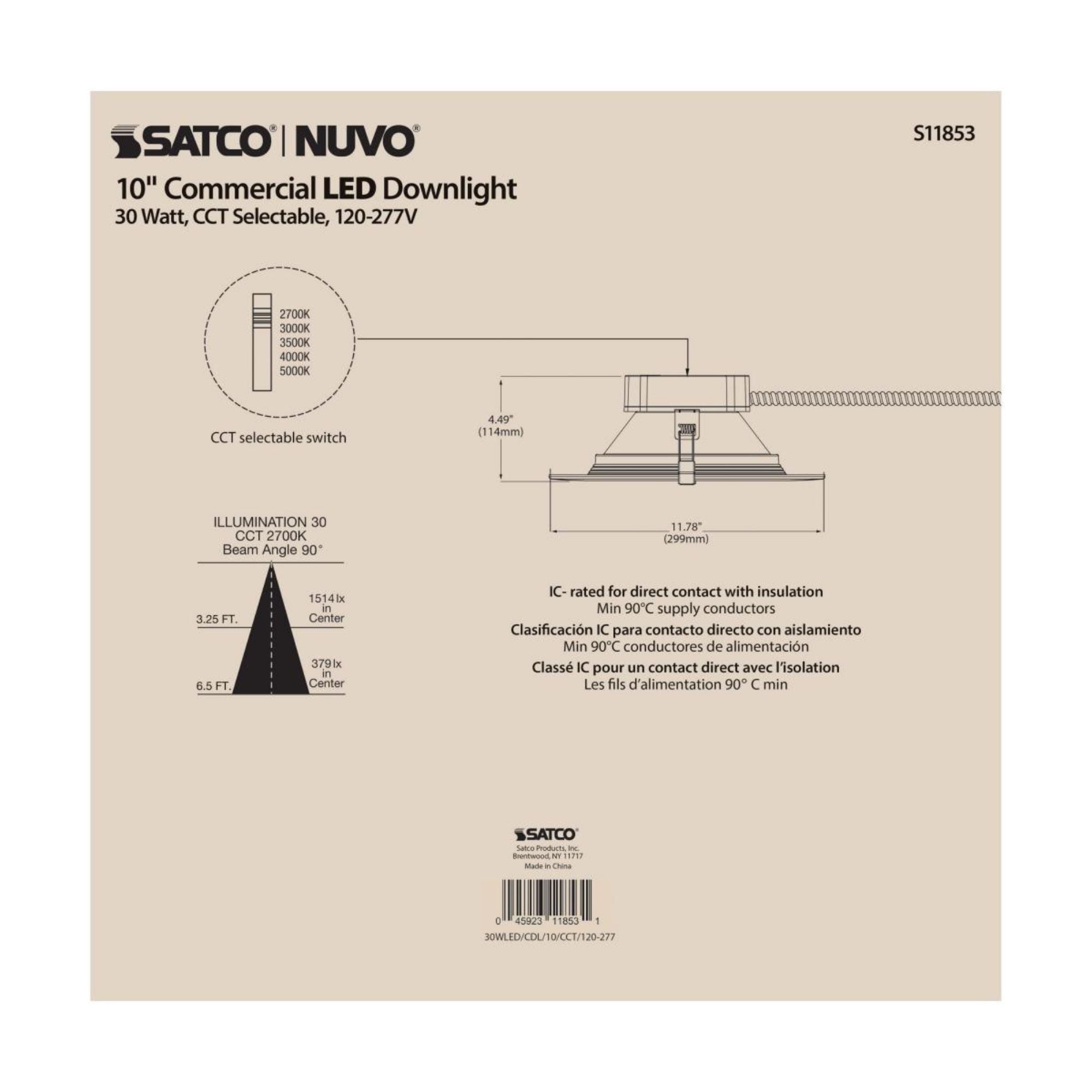 10" Commercial LED Downlight, 30W, 3500 Lm, 5-CCT, Baffle Trim, 120-277V