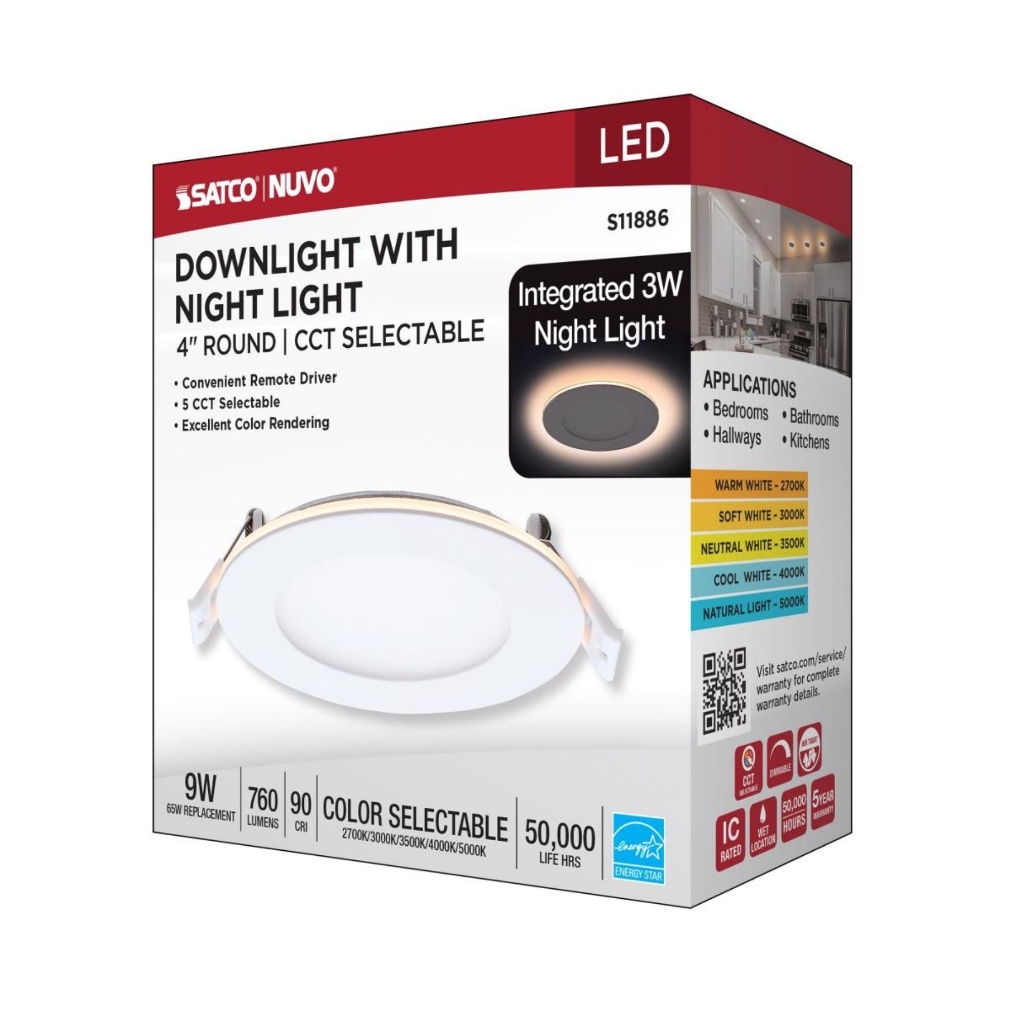 4" LED Downlight with Night Light, 760 Lm, Selectable CCT, White Round Trim