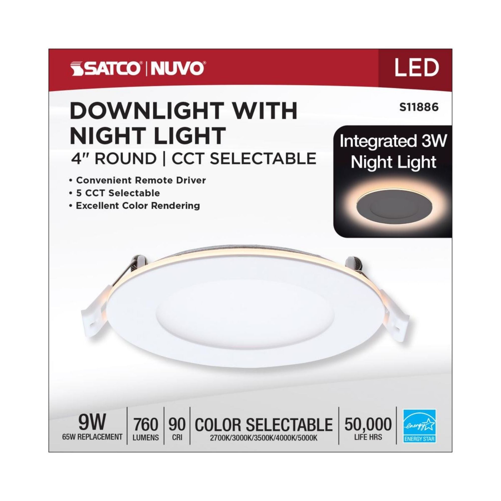 4" LED Downlight with Night Light, 760 Lm, Selectable CCT, White Round Trim