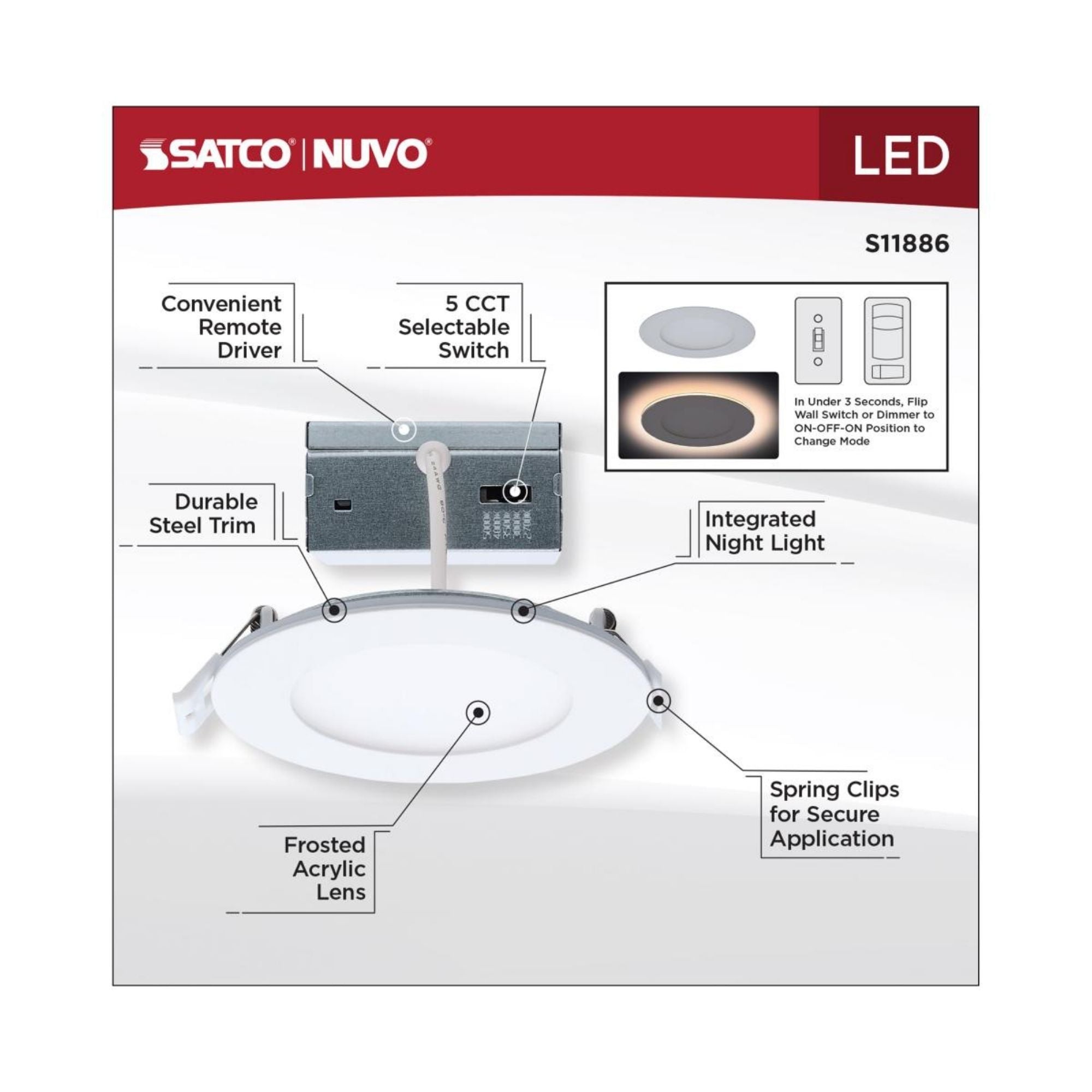 4" LED Downlight with Night Light, 760 Lm, Selectable CCT, White Round Trim
