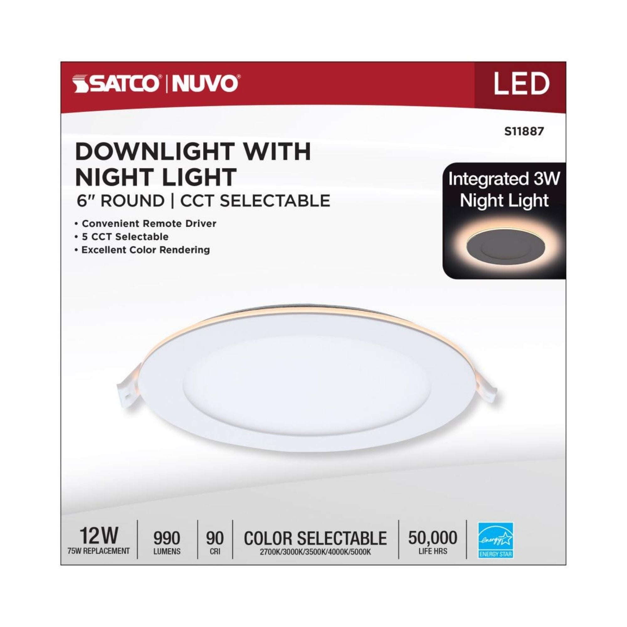 6" LED Downlight with Night Light, 1000 Lm, Selectable CCT, White Round Trim