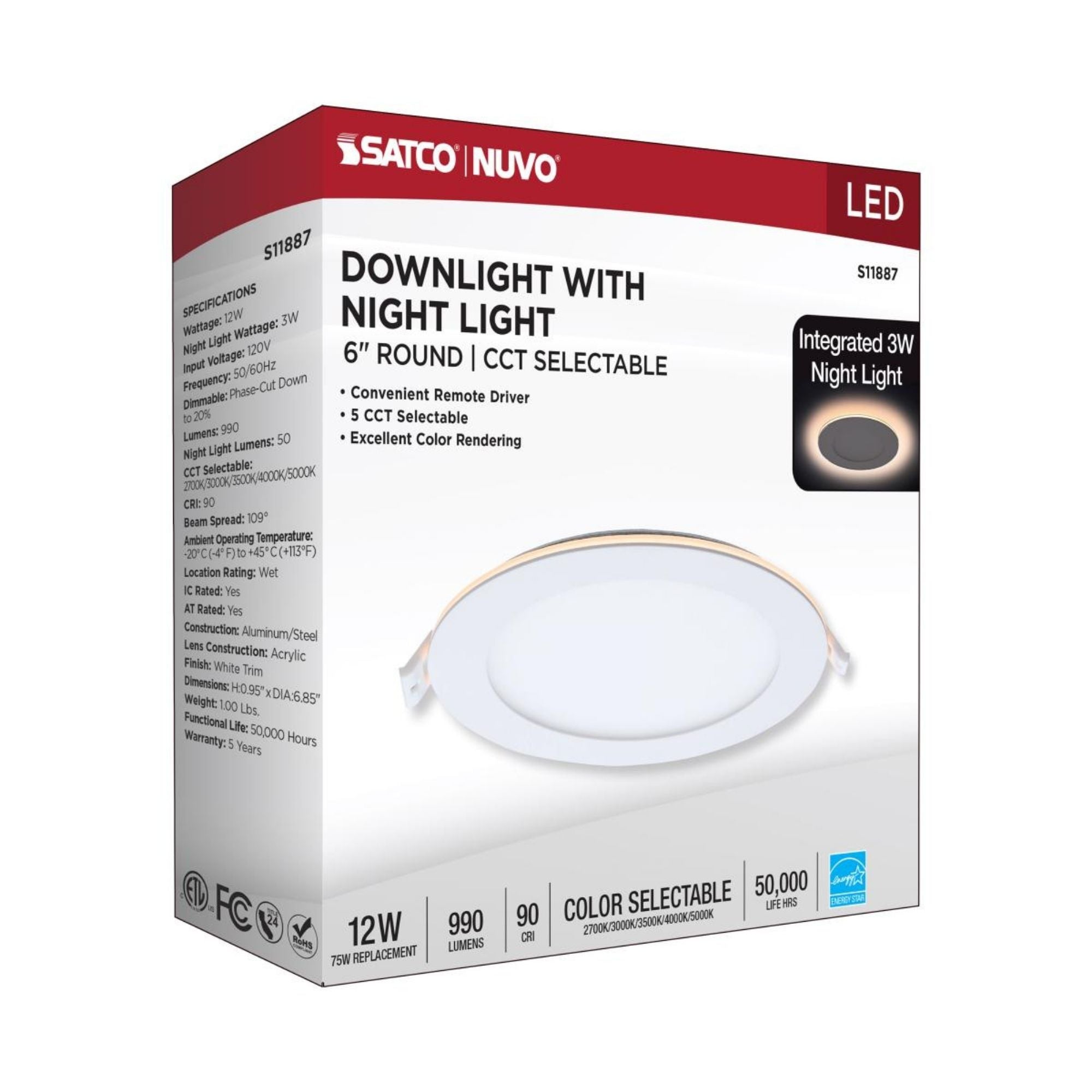 6" LED Downlight with Night Light, 1000 Lm, Selectable CCT, White Round Trim