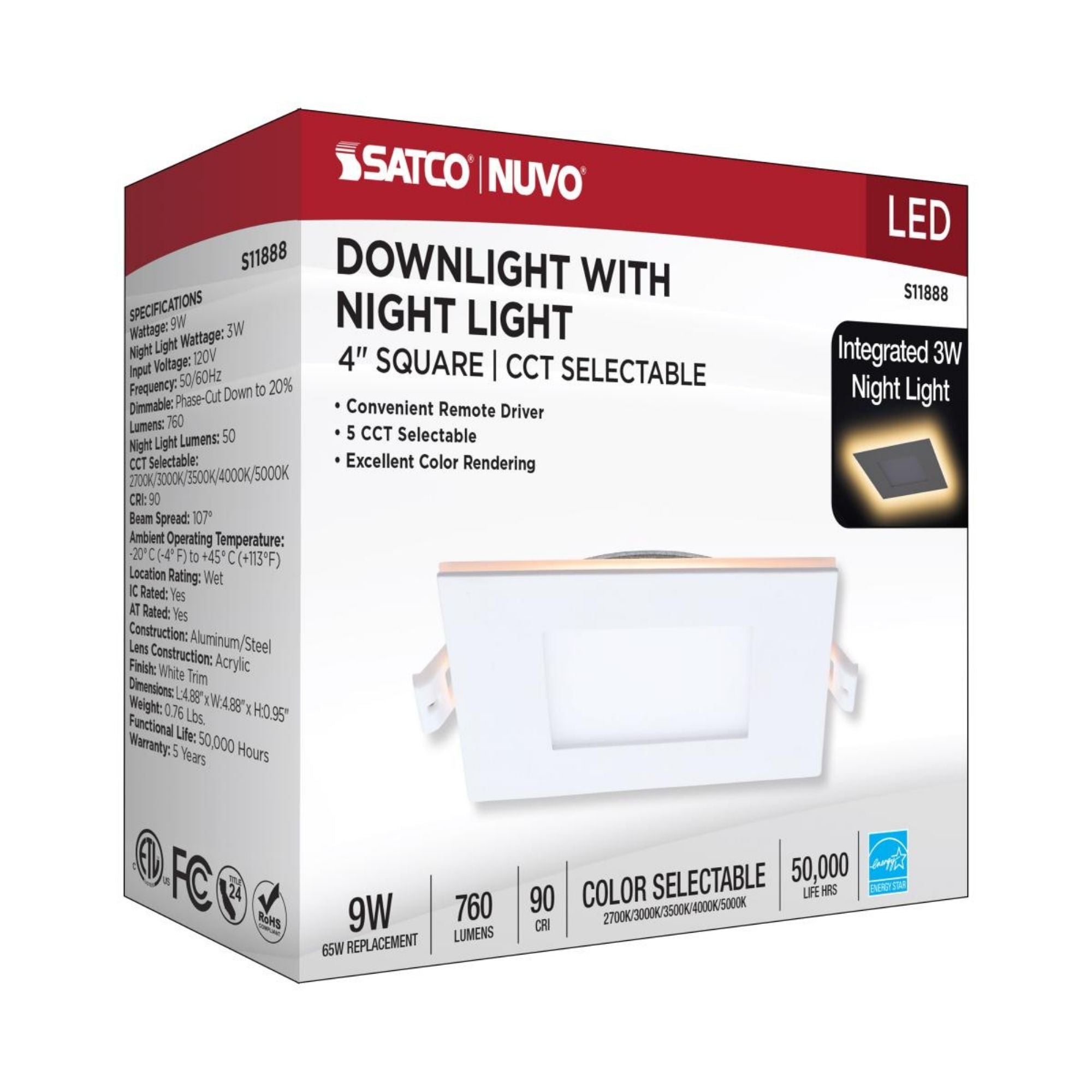 4" LED Downlight with Night Light, 760 Lm, Selectable CCT, White Square Trim