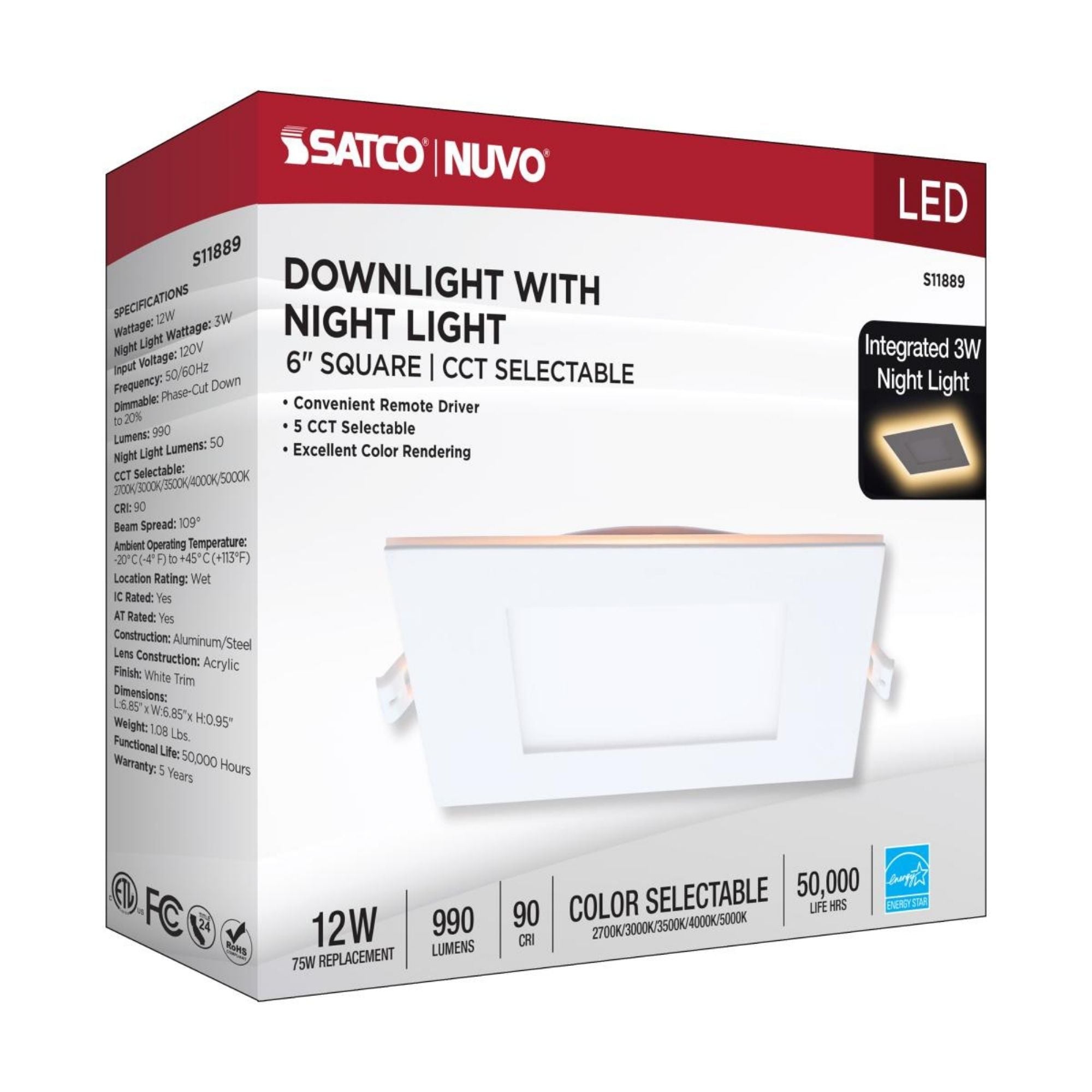 6" LED Downlight with Night Light, 1000 Lm, Selectable CCT, White Square Trim