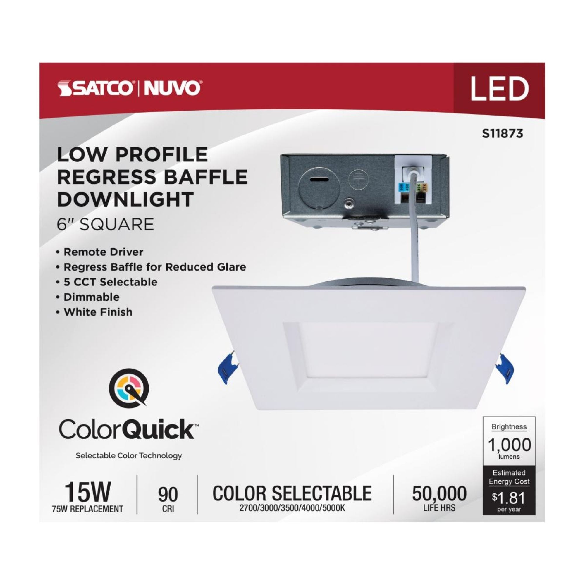 Slim Fit 6" Square Canless LED Recessed Light, 1000 Lm, 5-CCT, White Baffle Trim