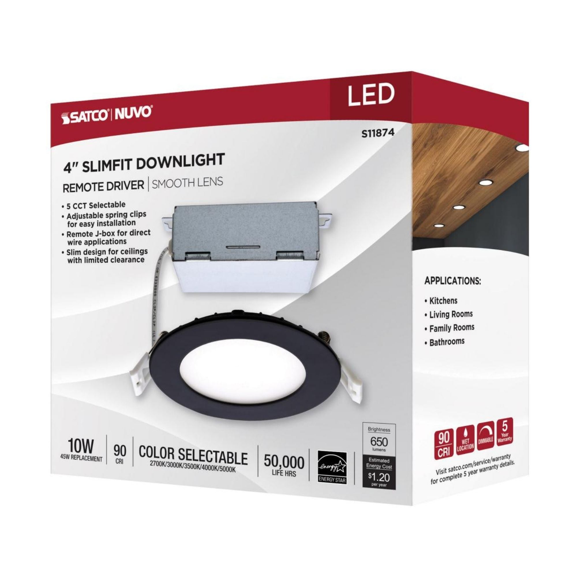 Slim Fit 4" Round Canless LED Recessed Light, 700 Lm, 5-CCT, Black Trim