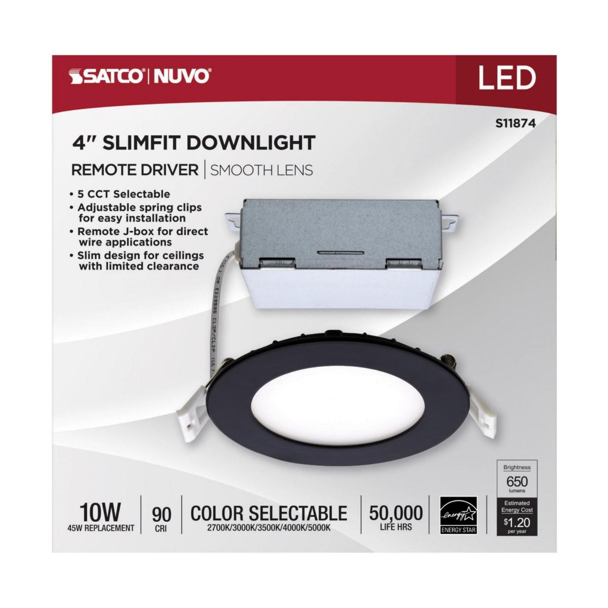 Slim Fit 4" Round Canless LED Recessed Light, 700 Lm, 5-CCT, Black Trim
