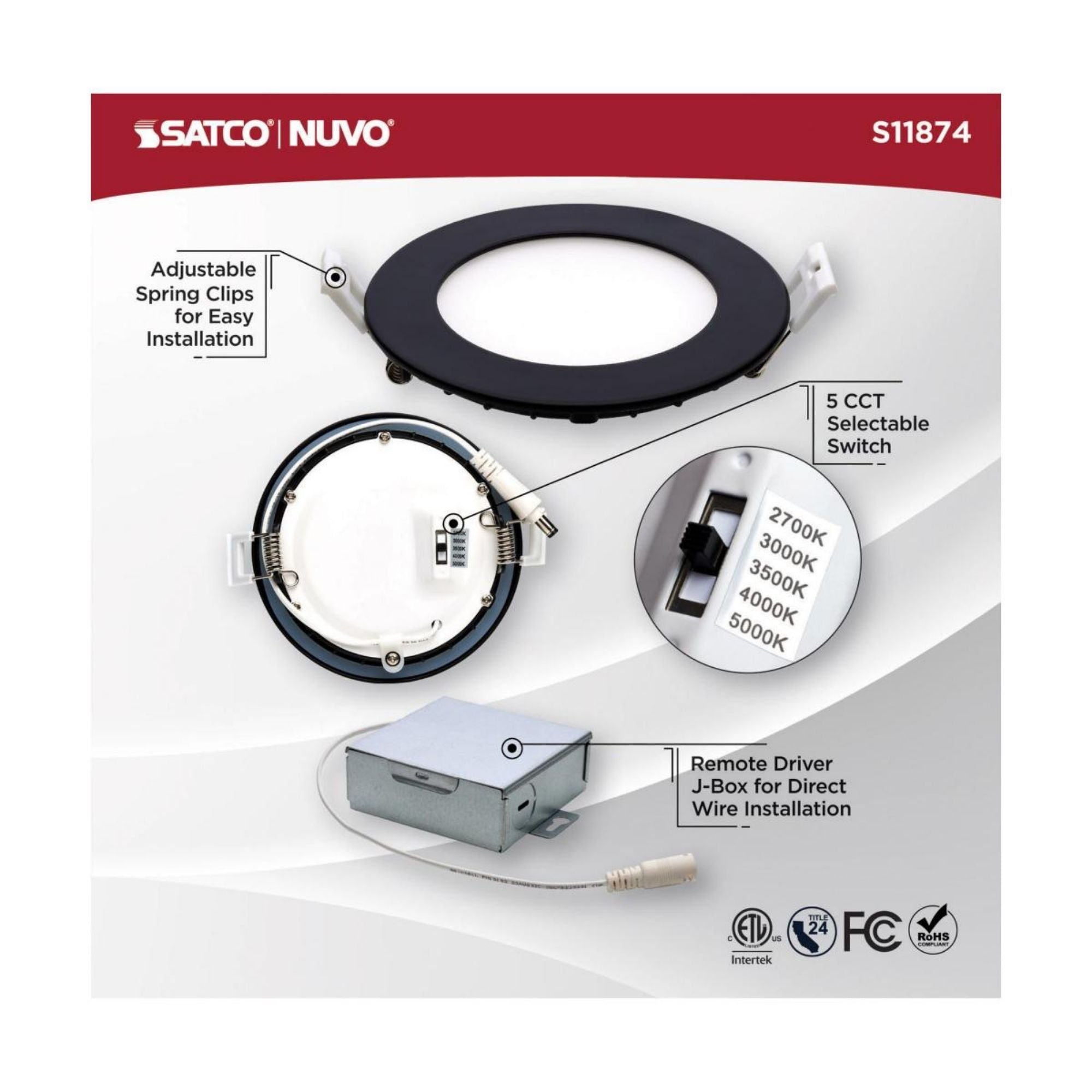 Slim Fit 4" Round Canless LED Recessed Light, 700 Lm, 5-CCT, Black Trim
