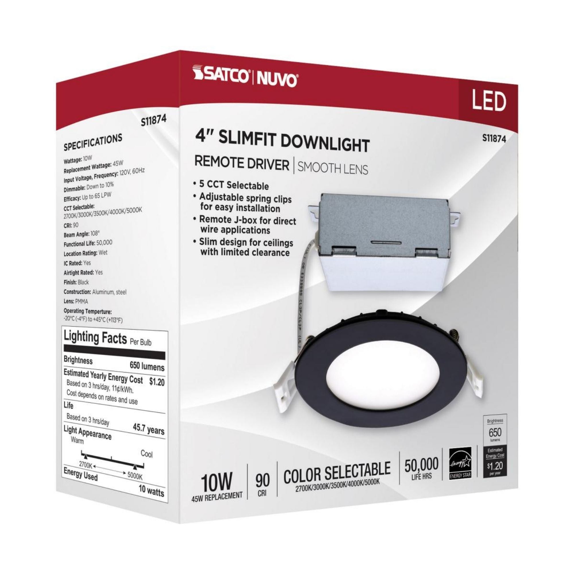 Slim Fit 4" Round Canless LED Recessed Light, 700 Lm, 5-CCT, Black Trim