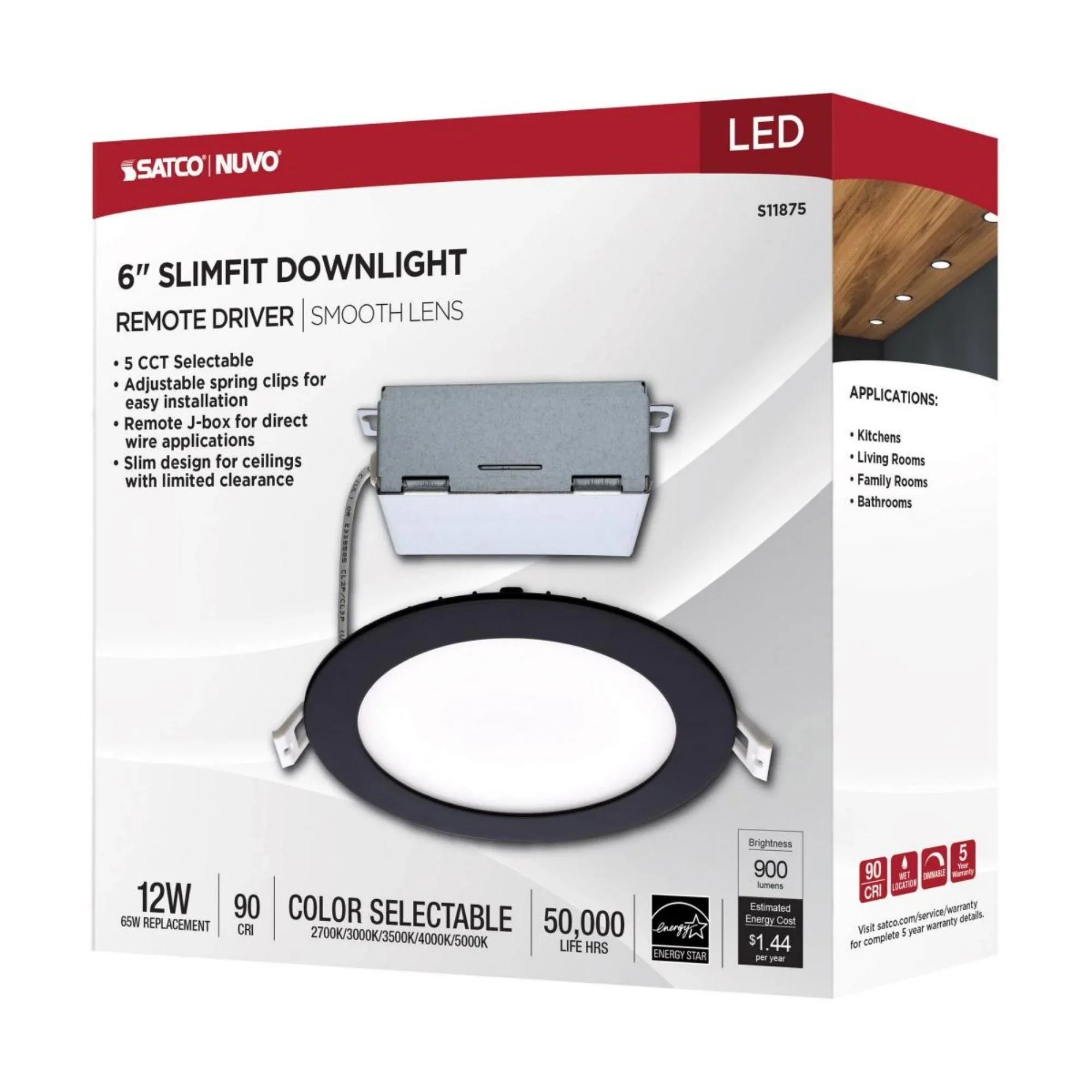 Slim Fit 6" Round Canless LED Recessed Light, 900 Lm, 5-CCT, Black Trim