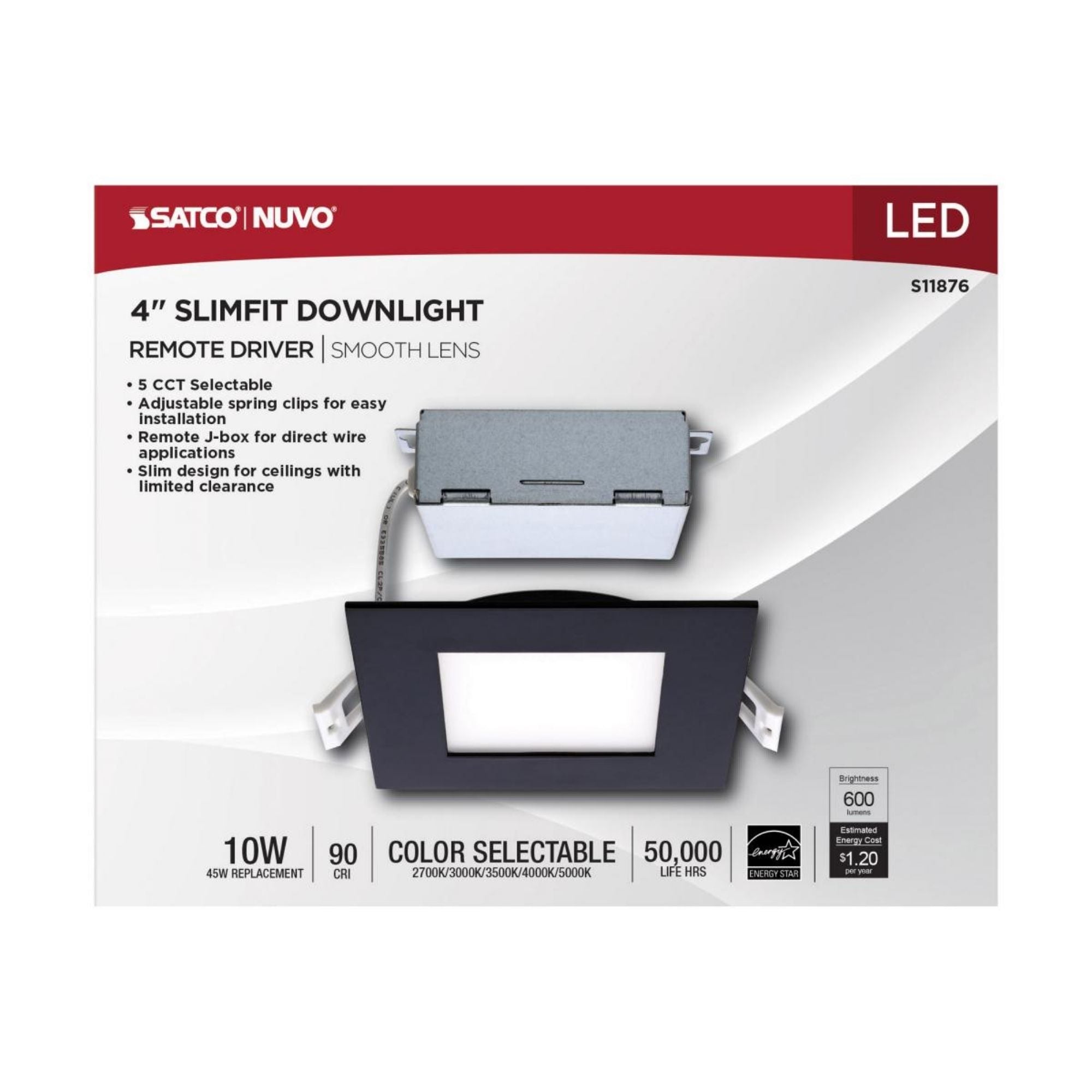 Slim Fit 4" Square Canless LED Recessed Light, 650 Lm, 5-CCT, Black Trim